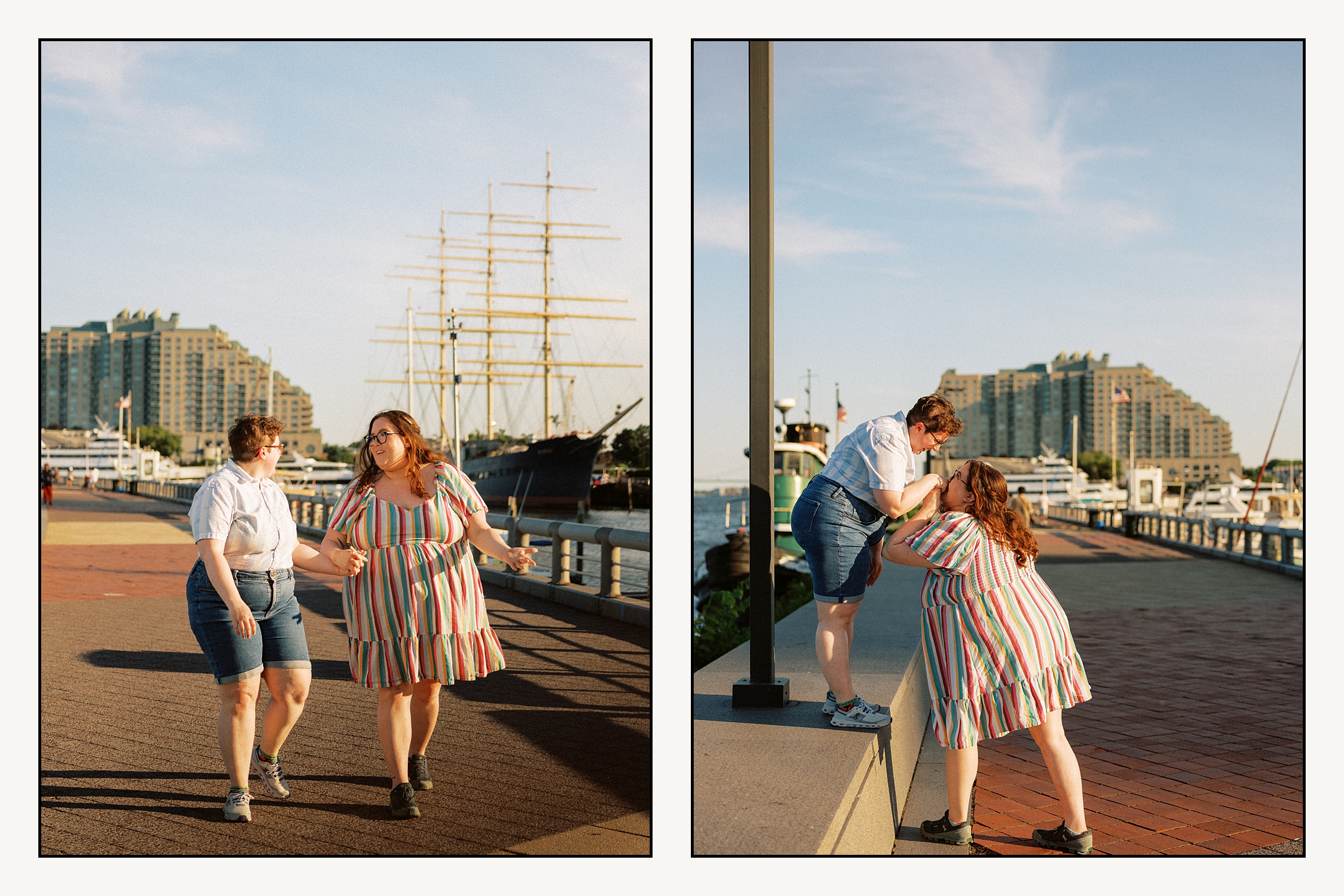 An LGBTQ couple holds hands and walks along the riverfront for Penn's Landing engagement photos.