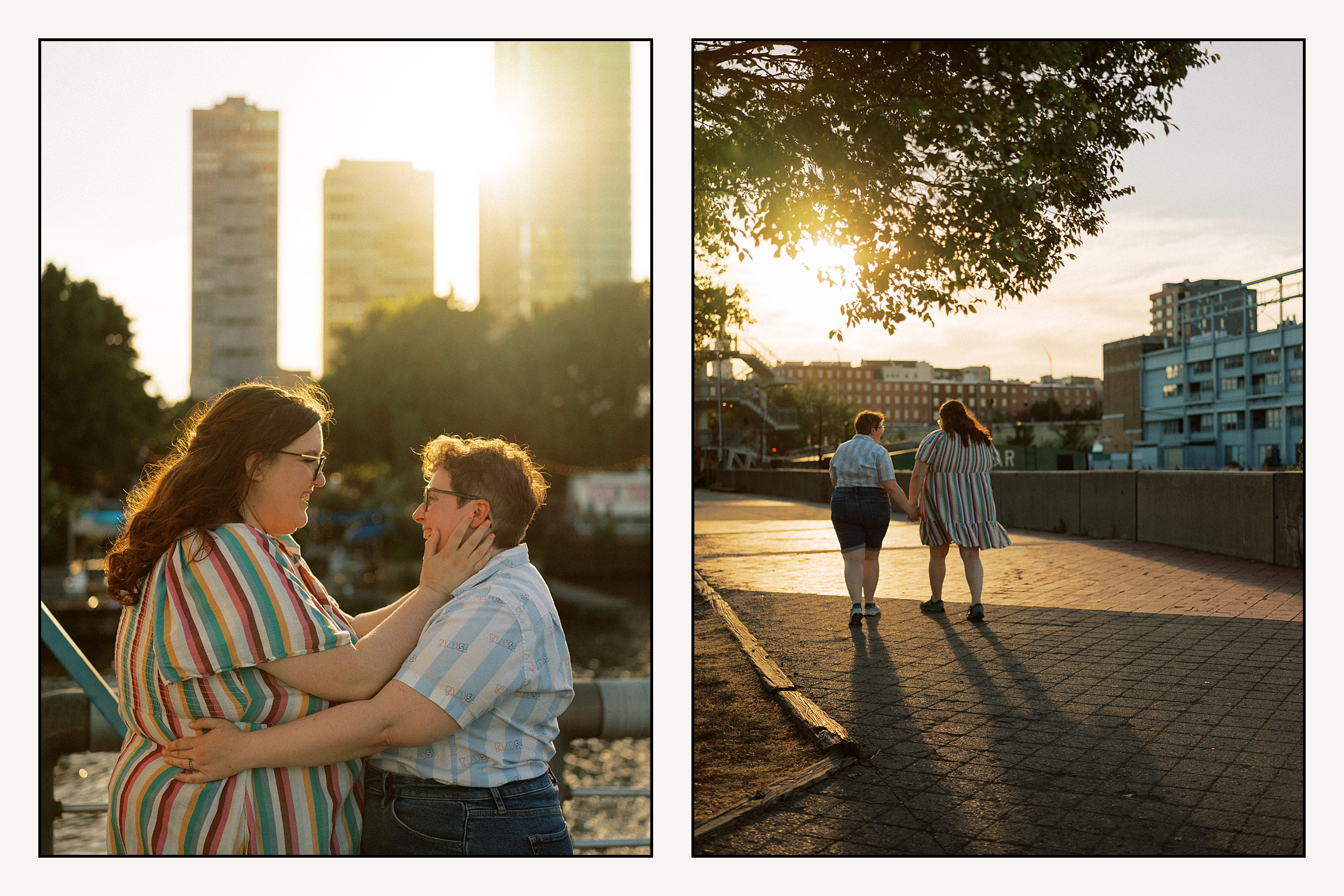 An LGBTQ couple stands beside the Delaware River at sunset with the Philly skyline in the background.
