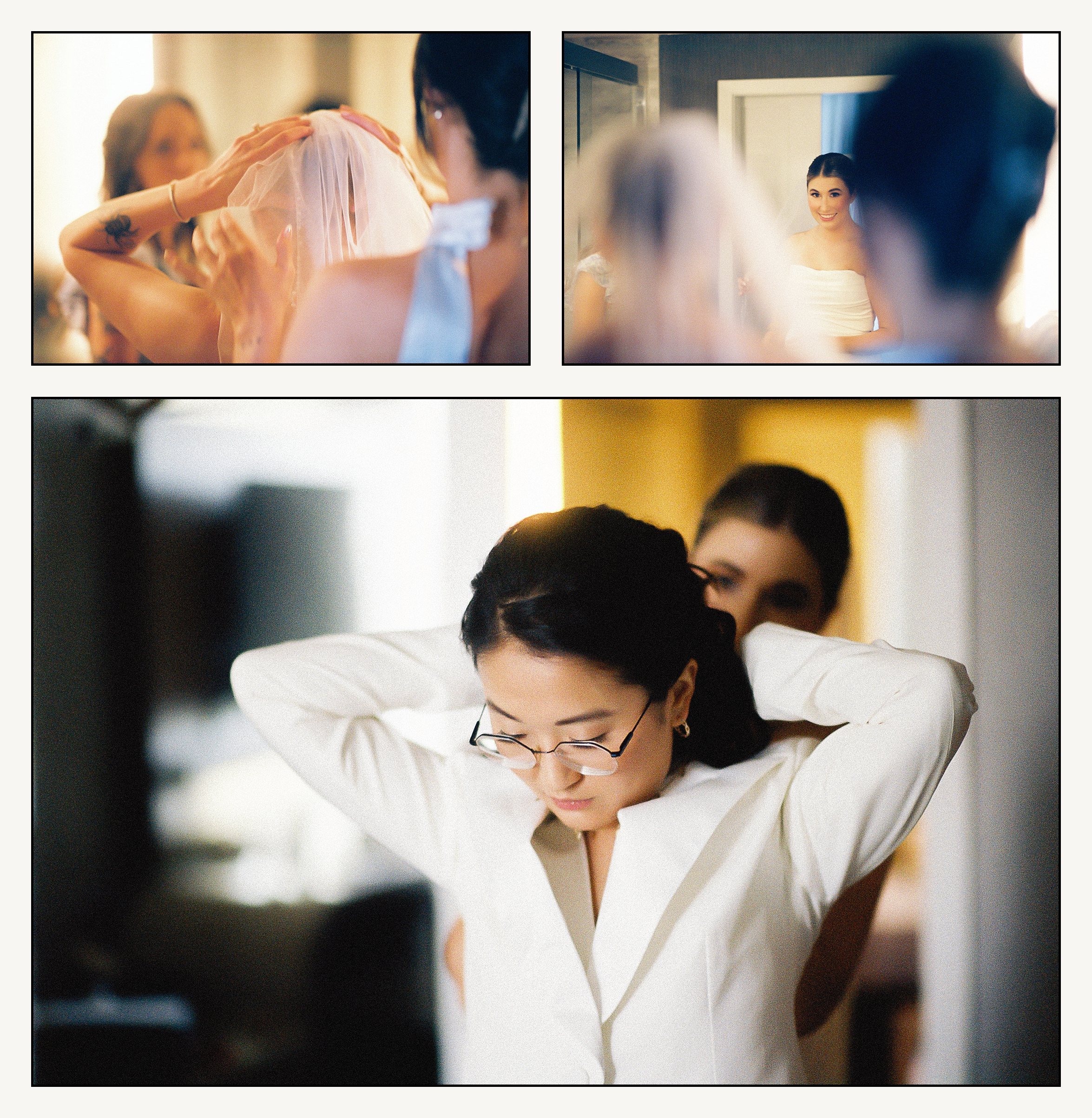 A bride helps another bride put on a veil in a wedding photo on film.