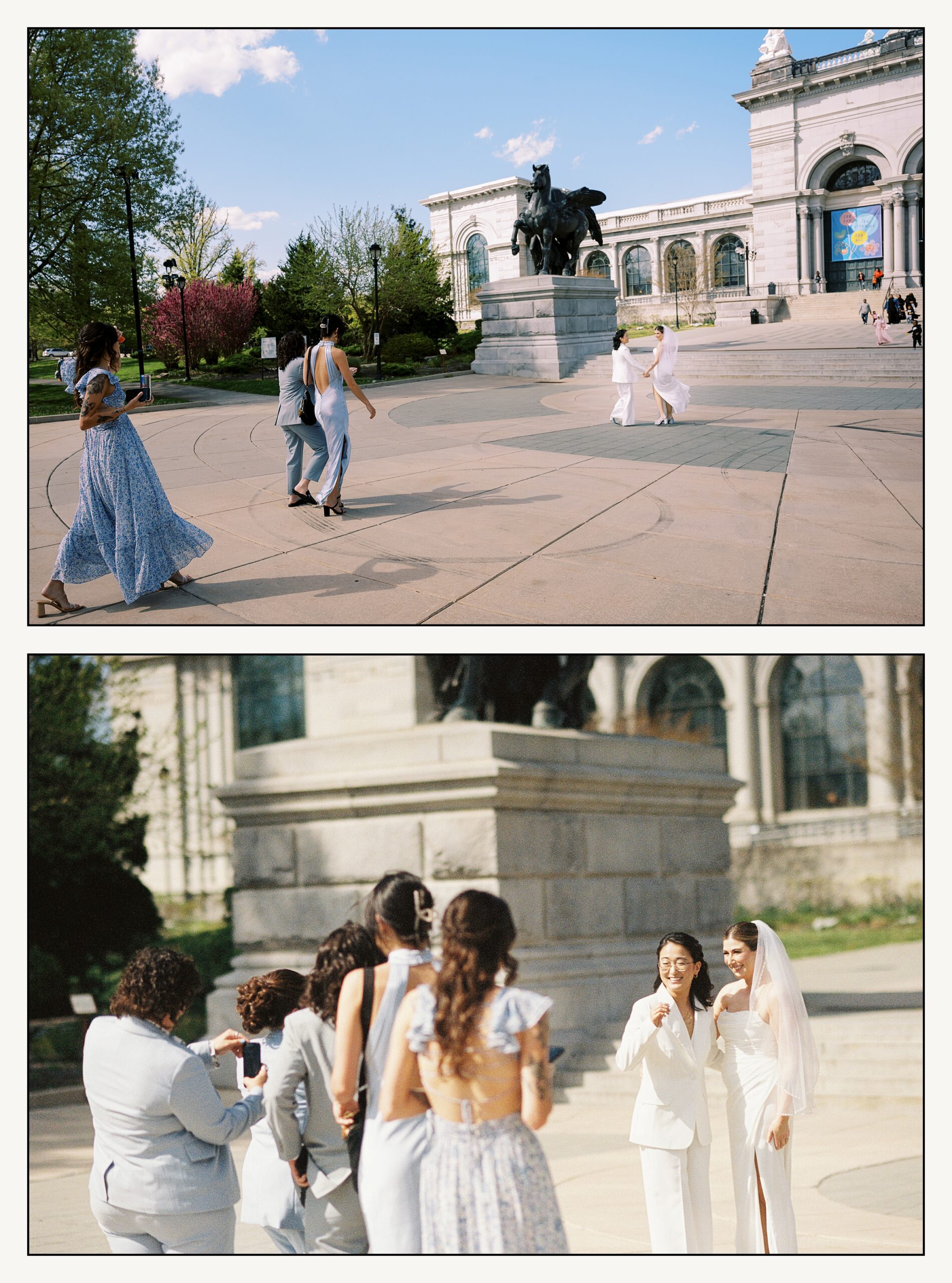 Two brides walk towards their Please Touch Museum wedding with their wedding party dressed in blue.