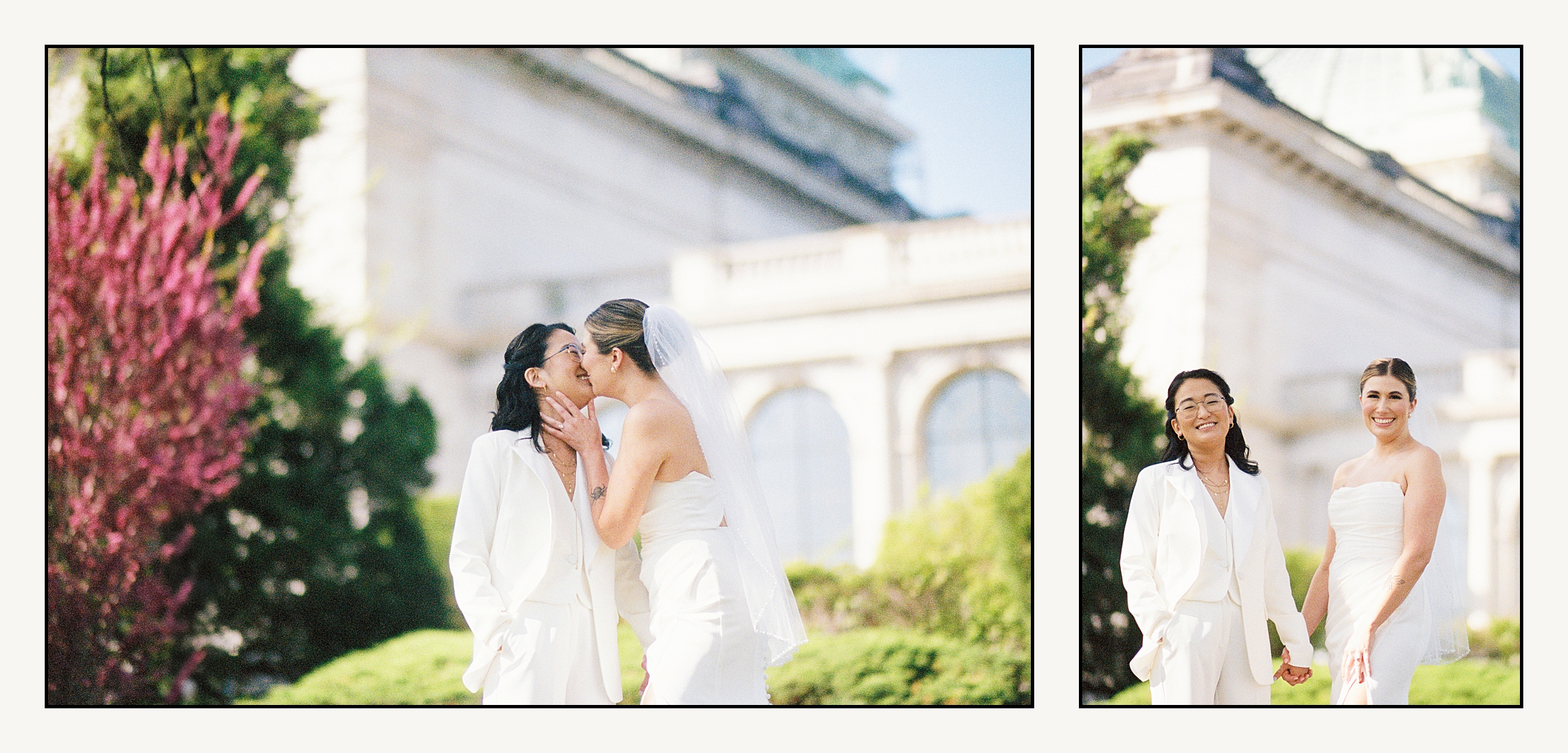 Two brides hold hands and smile at a film wedding photographer outside the Please Touch Museum.