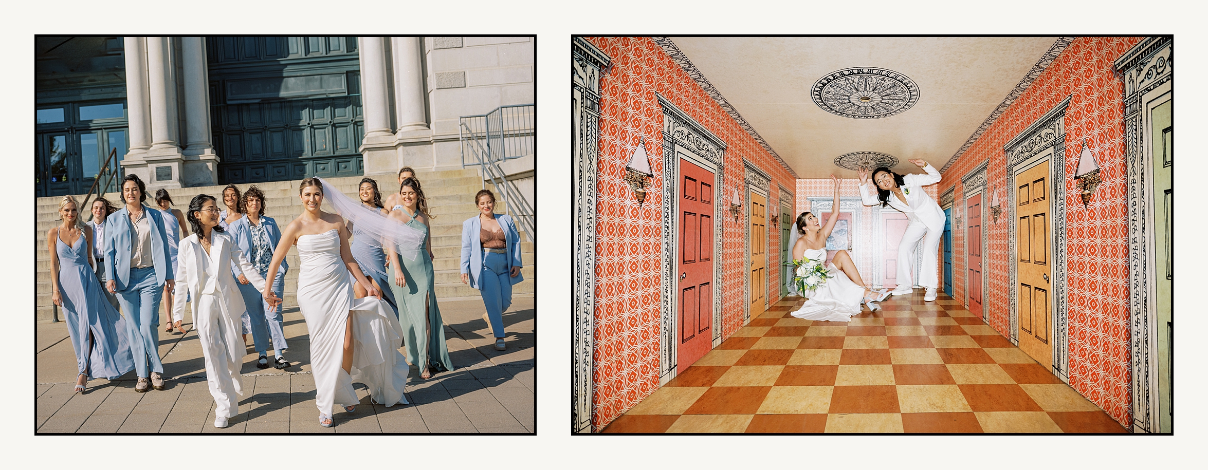 Two brides pose inside a miniature room at a Please Touch Museum wedding.