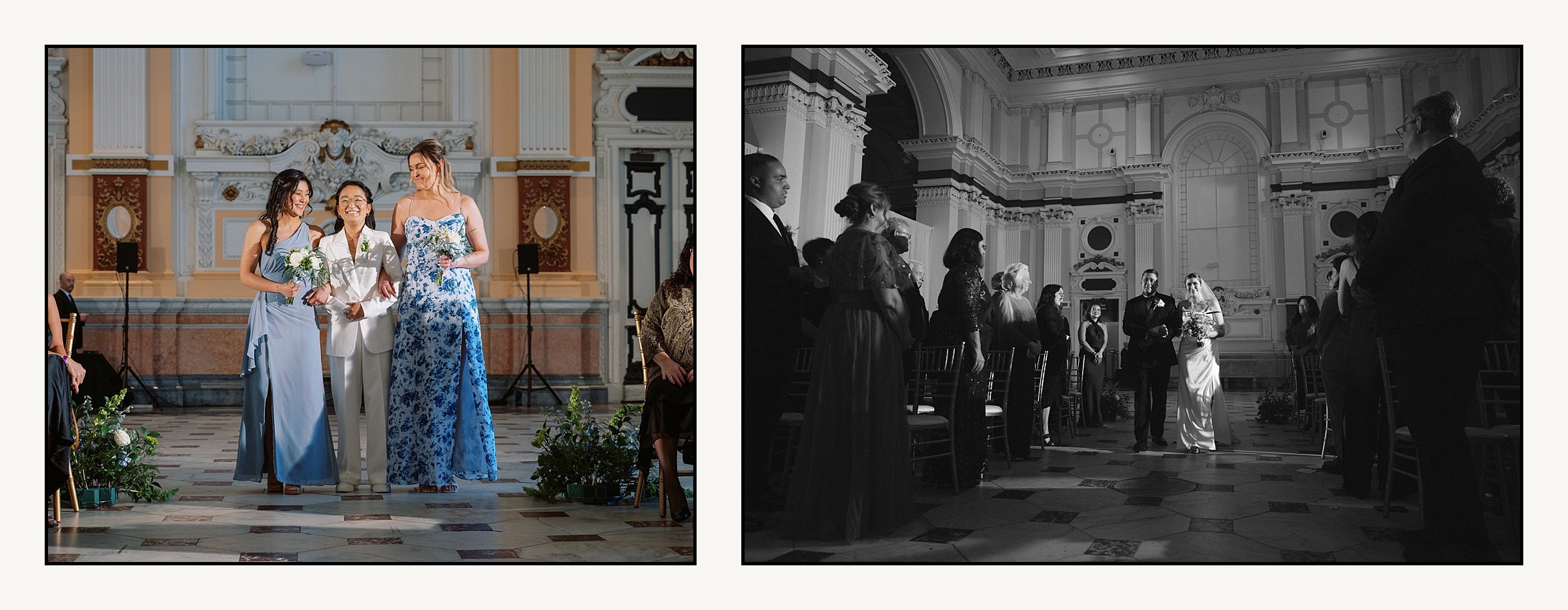 Two bridesmaids escort a bride up the aisle at a wedding in a historic Philadelphia wedding venue.