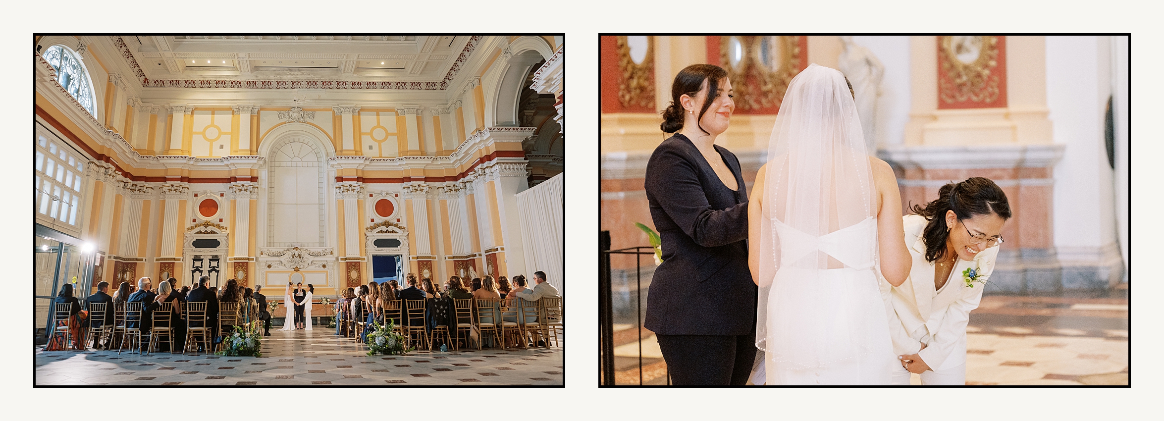 A bride doubles over laughing during a Please Touch Museum wedding inside a historic hall.