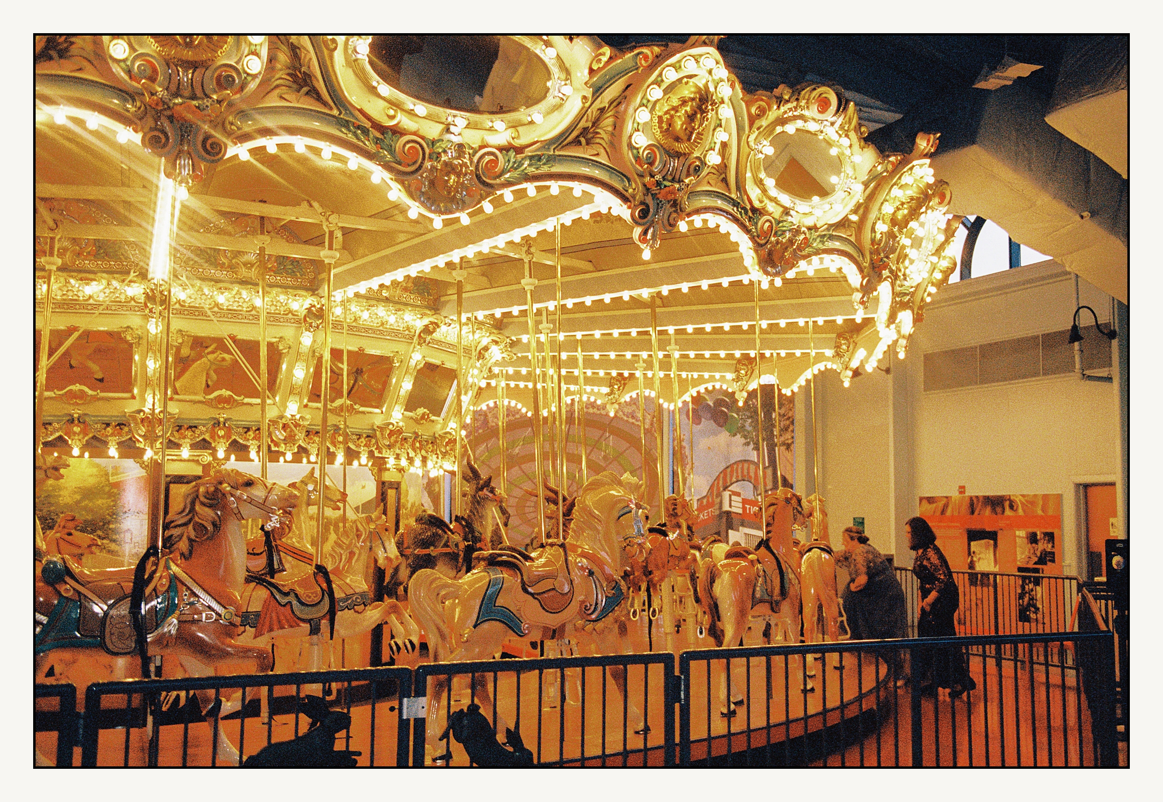 Wedding guests climb onto a carousel in the Please Touch Museum.