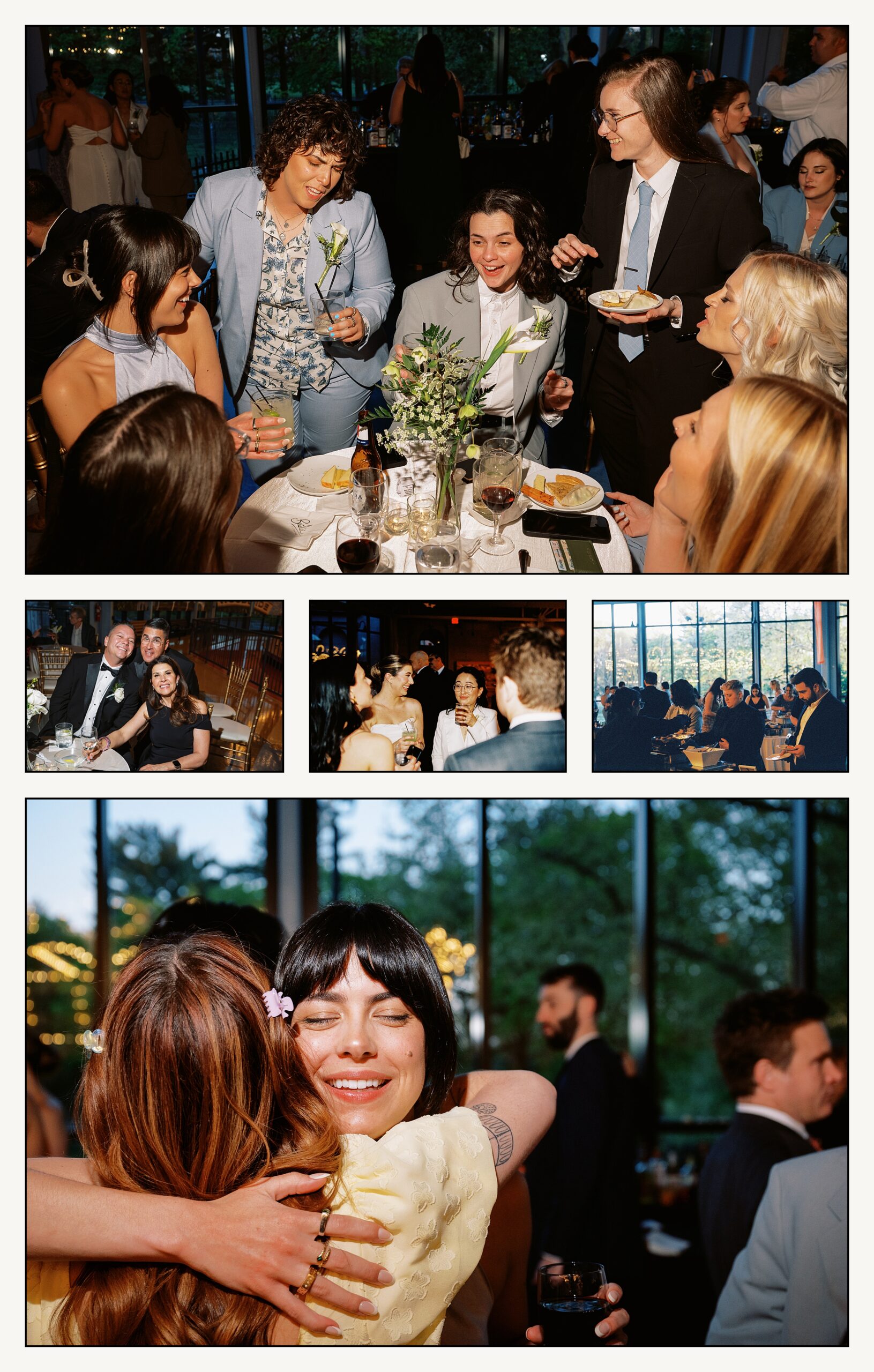 Wedding guests laugh around a table during cocktail hour at a museum wedding.