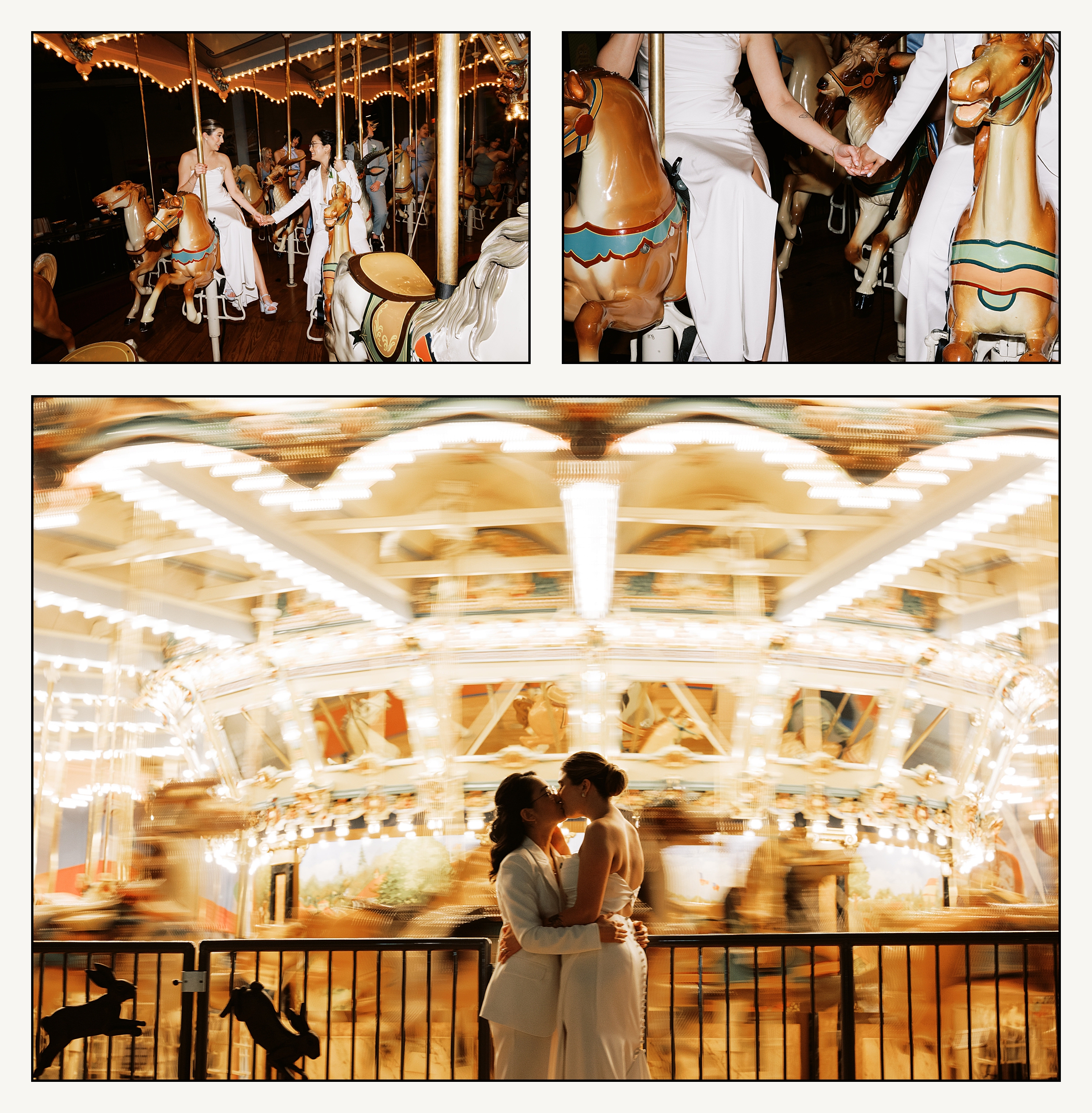 Two brides kiss in front of a turning carousel at a Please Touch Museum wedding at. night.