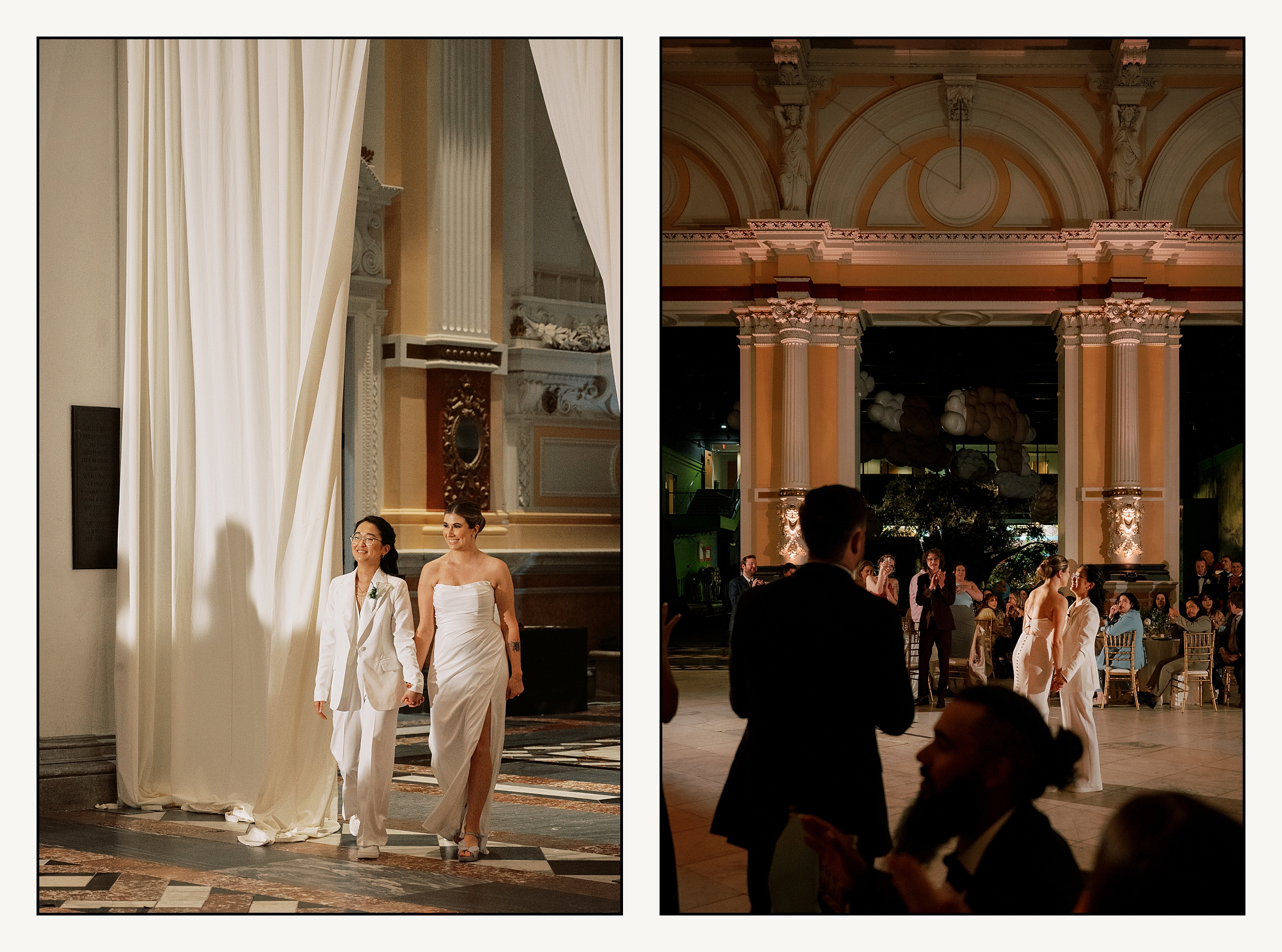 Guests clap as two brides enter their museum wedding reception.