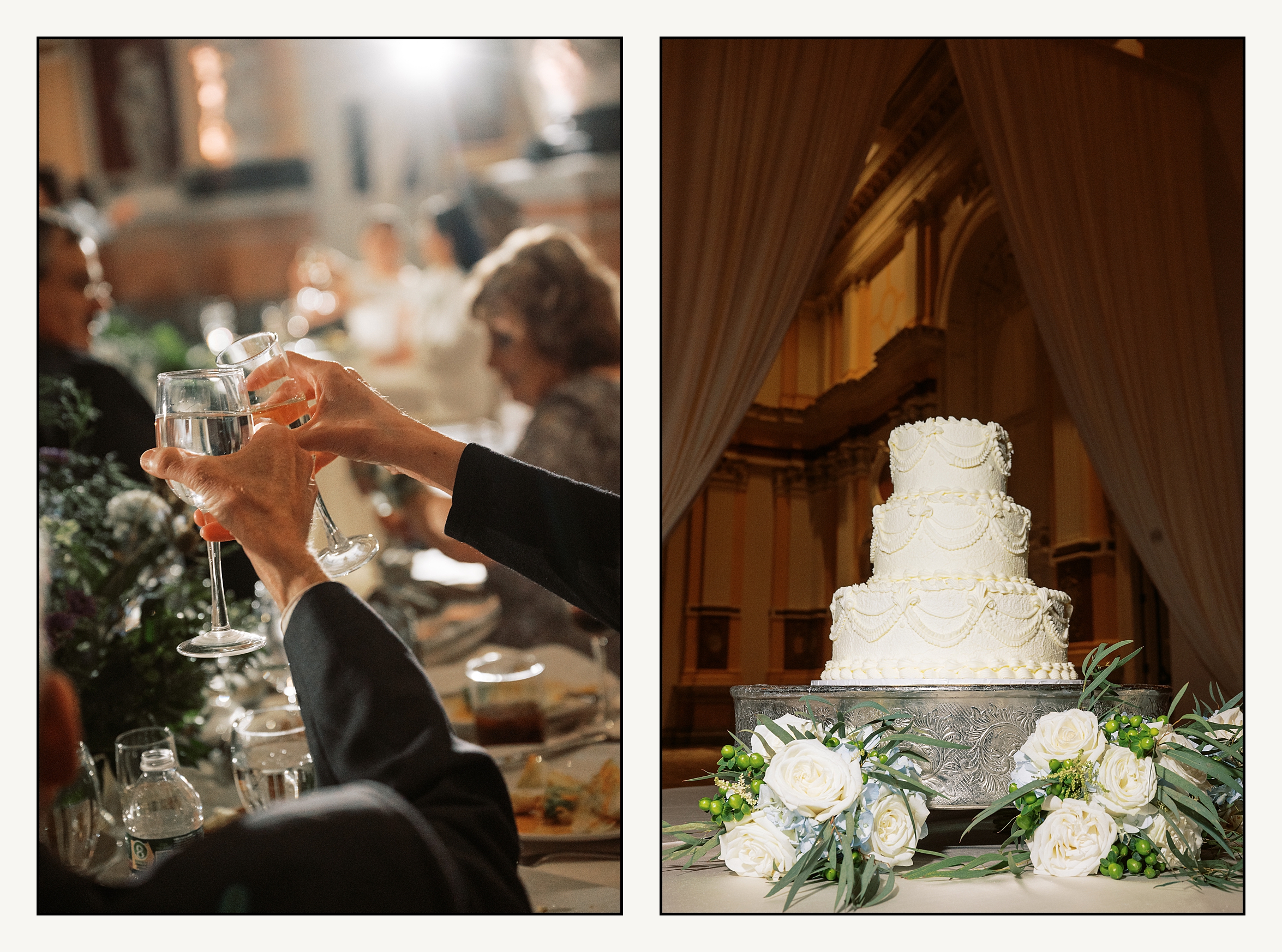 A vintage tiered cake sits on a silver cake stand surrounded by blue and white flowers.