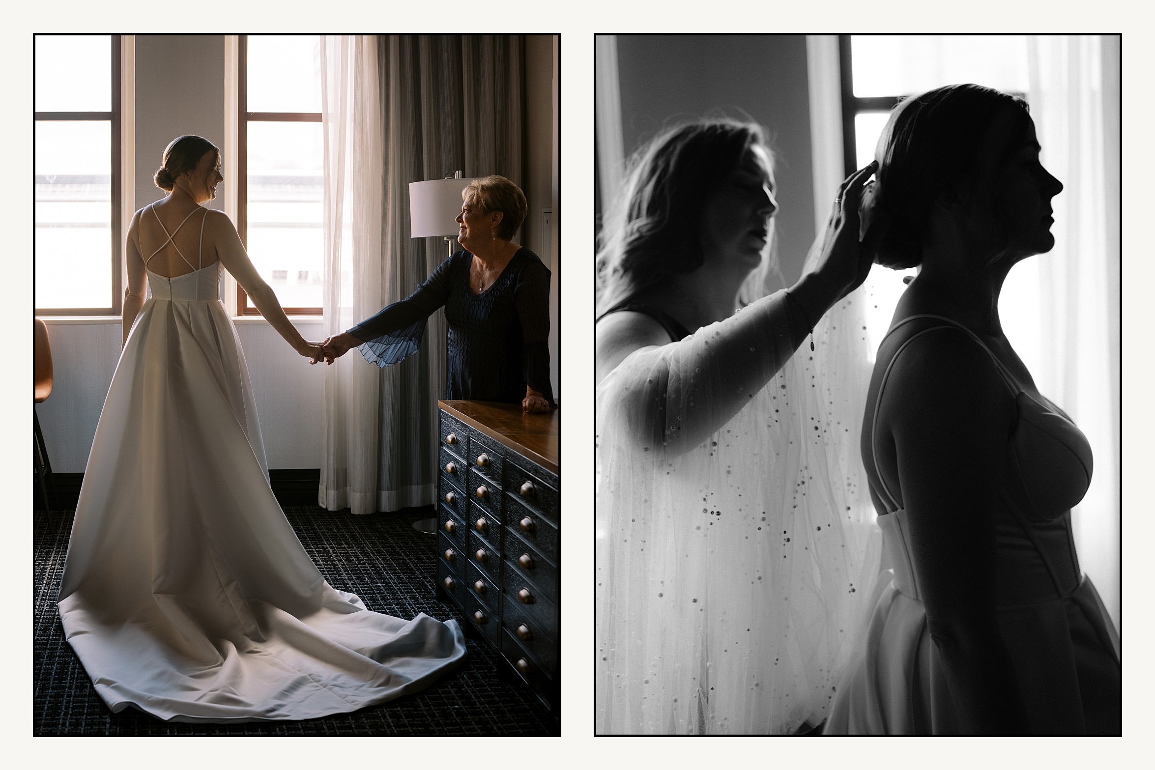 A bride's mother adjusts her veil beside a window in a Philadelphia hotel.