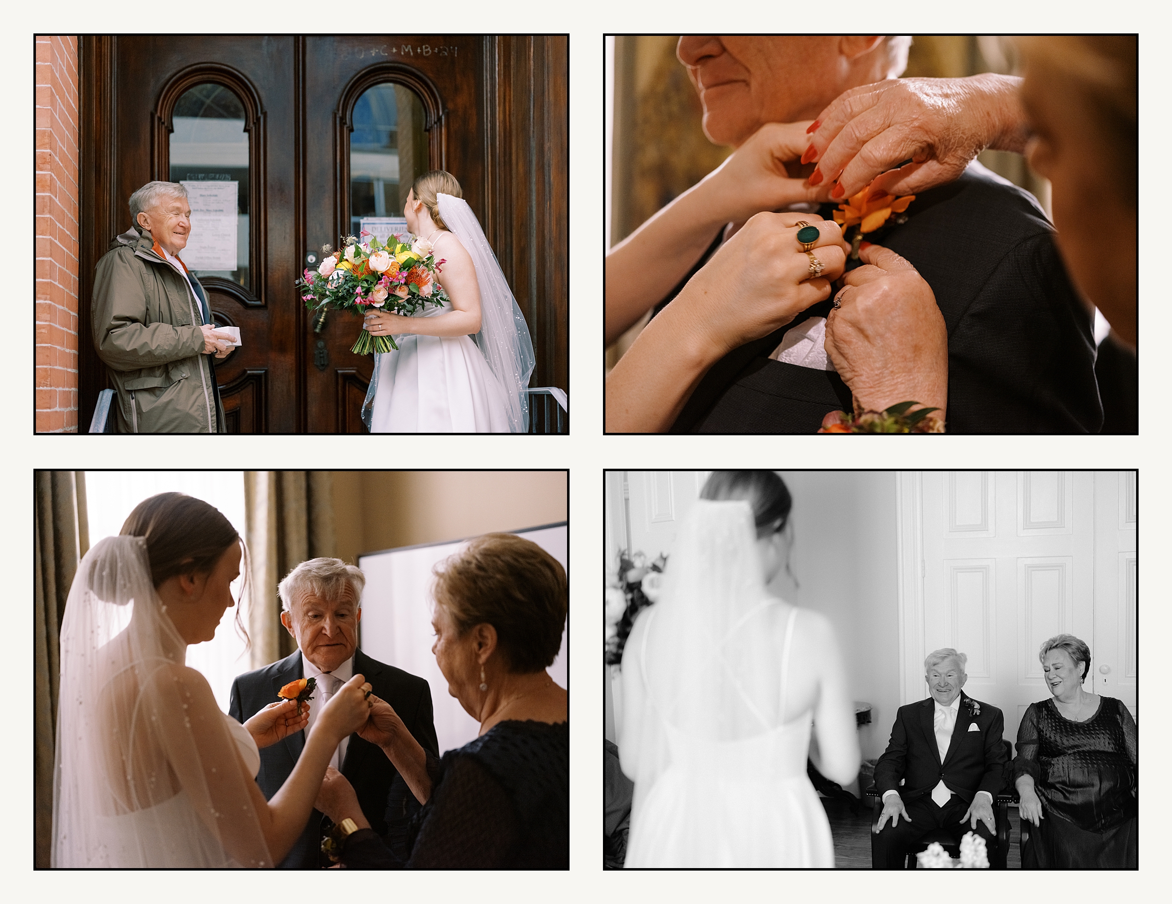 A bride and her mother put a boutonniere on the father of the bride before a Philadelphia wedding.