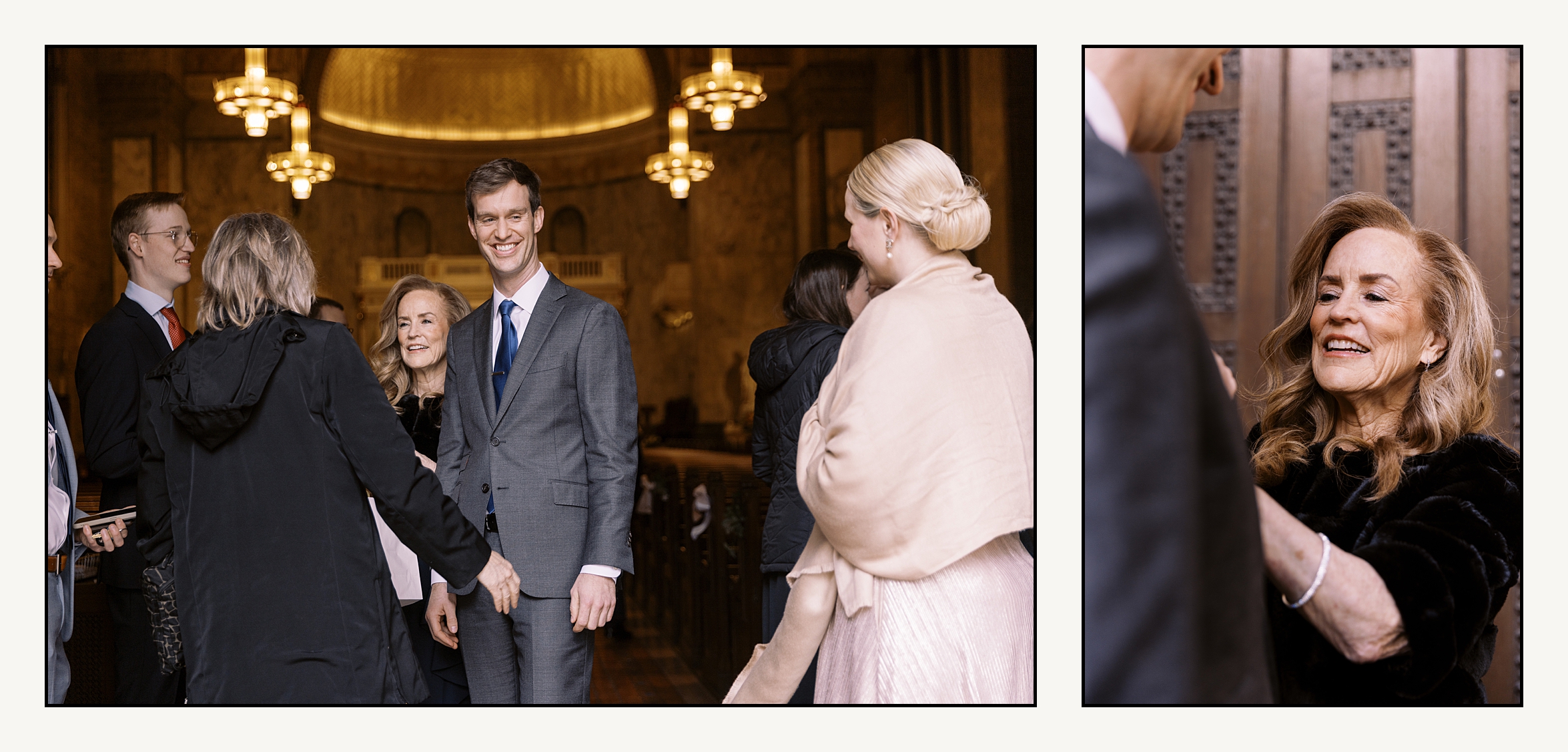 Wedding guests greet a groom in the foyer of a Philadelphia church.