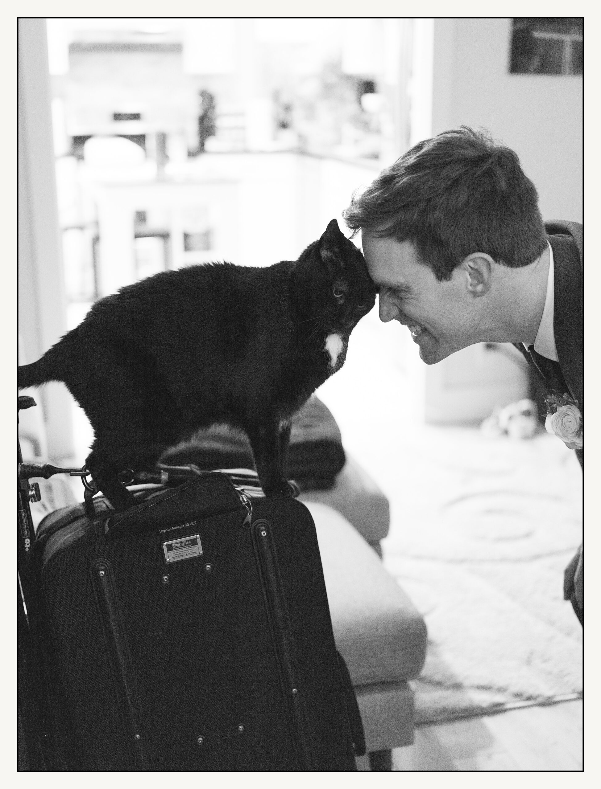 A groom nuzzles a cat standing on a suitcase.