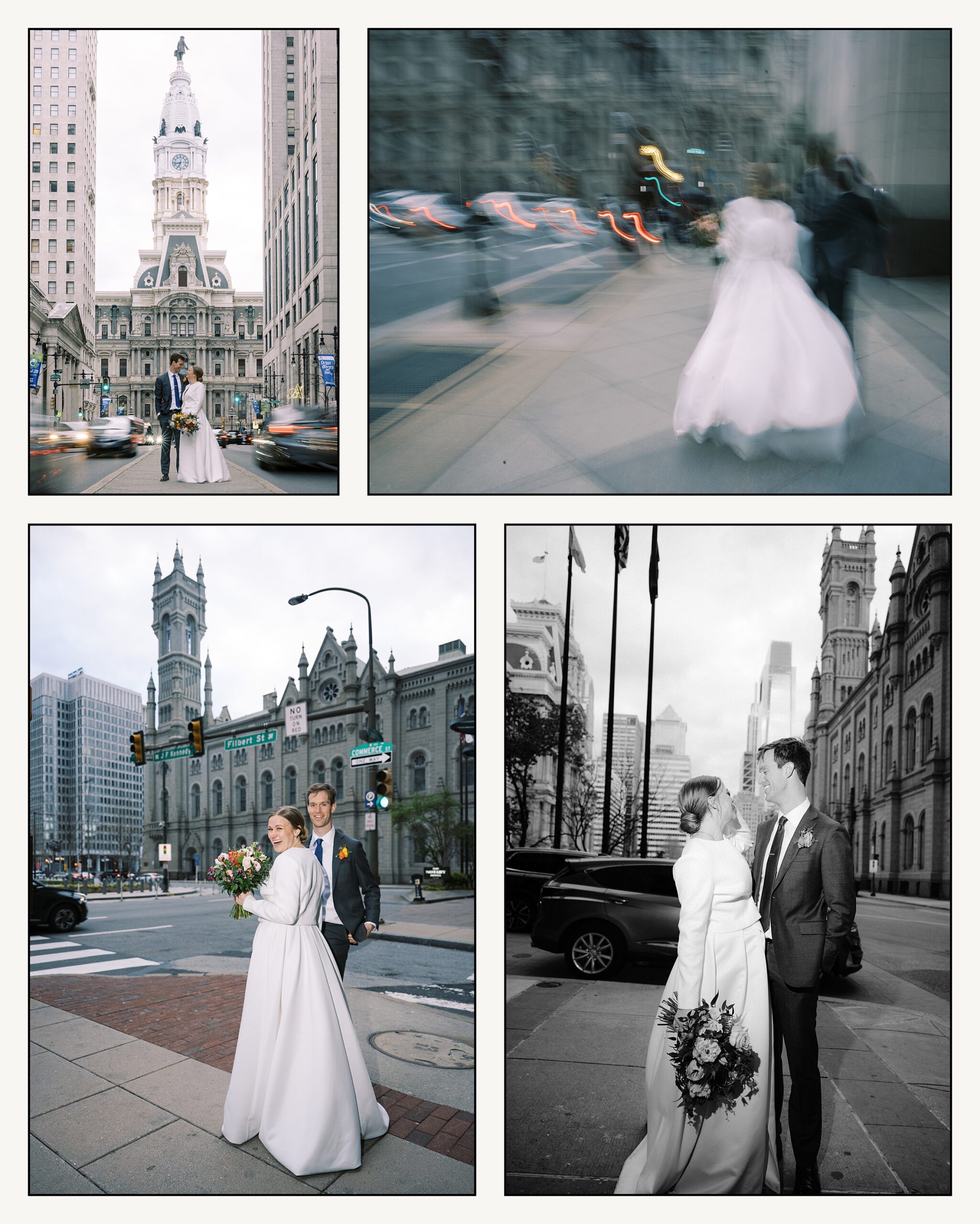 A bride and groom pose for a Philadelphia wedding photographer in front of City Hall.