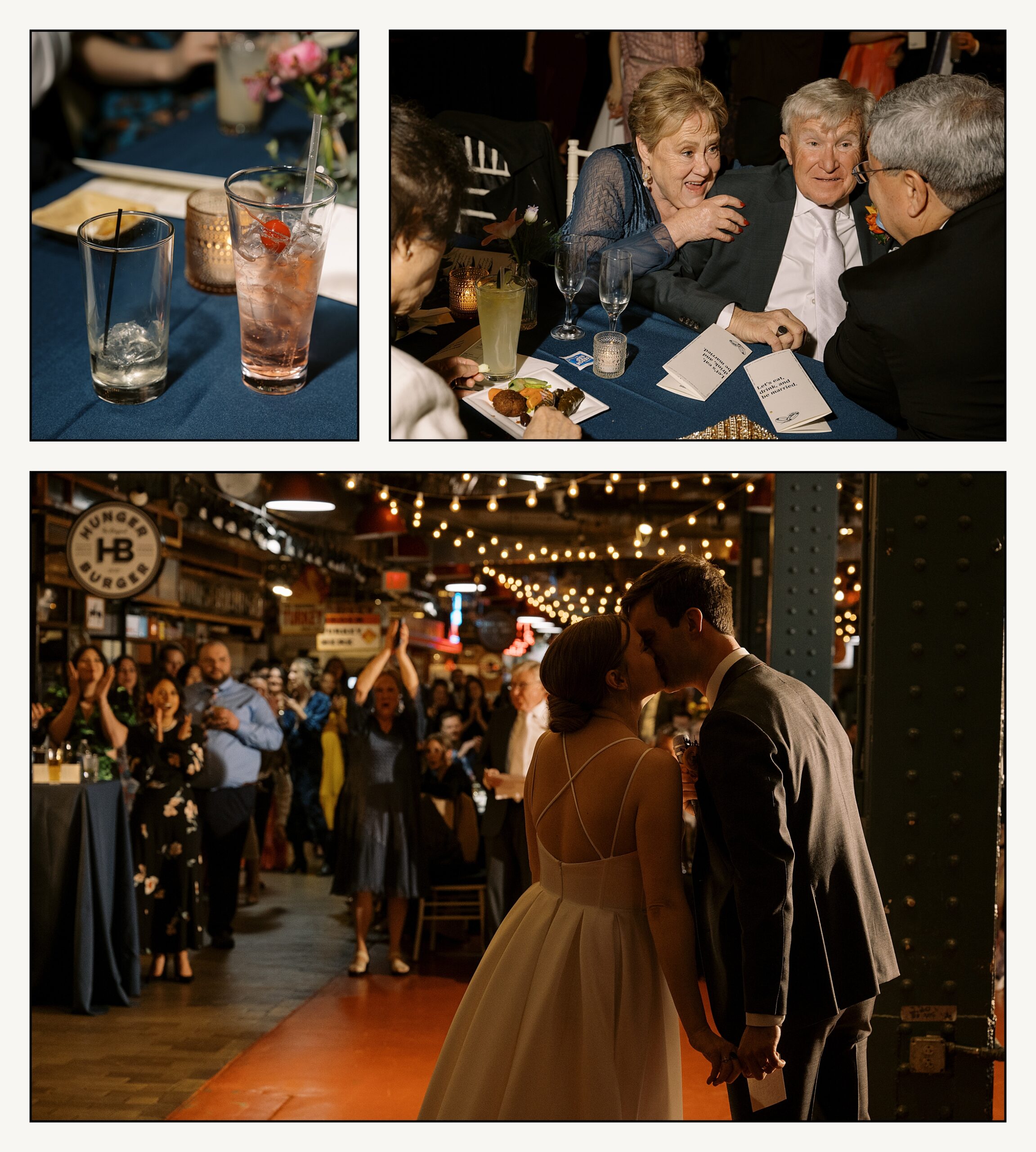 A bride and groom kiss as they enter their reception for their Reading Terminal Market wedding.