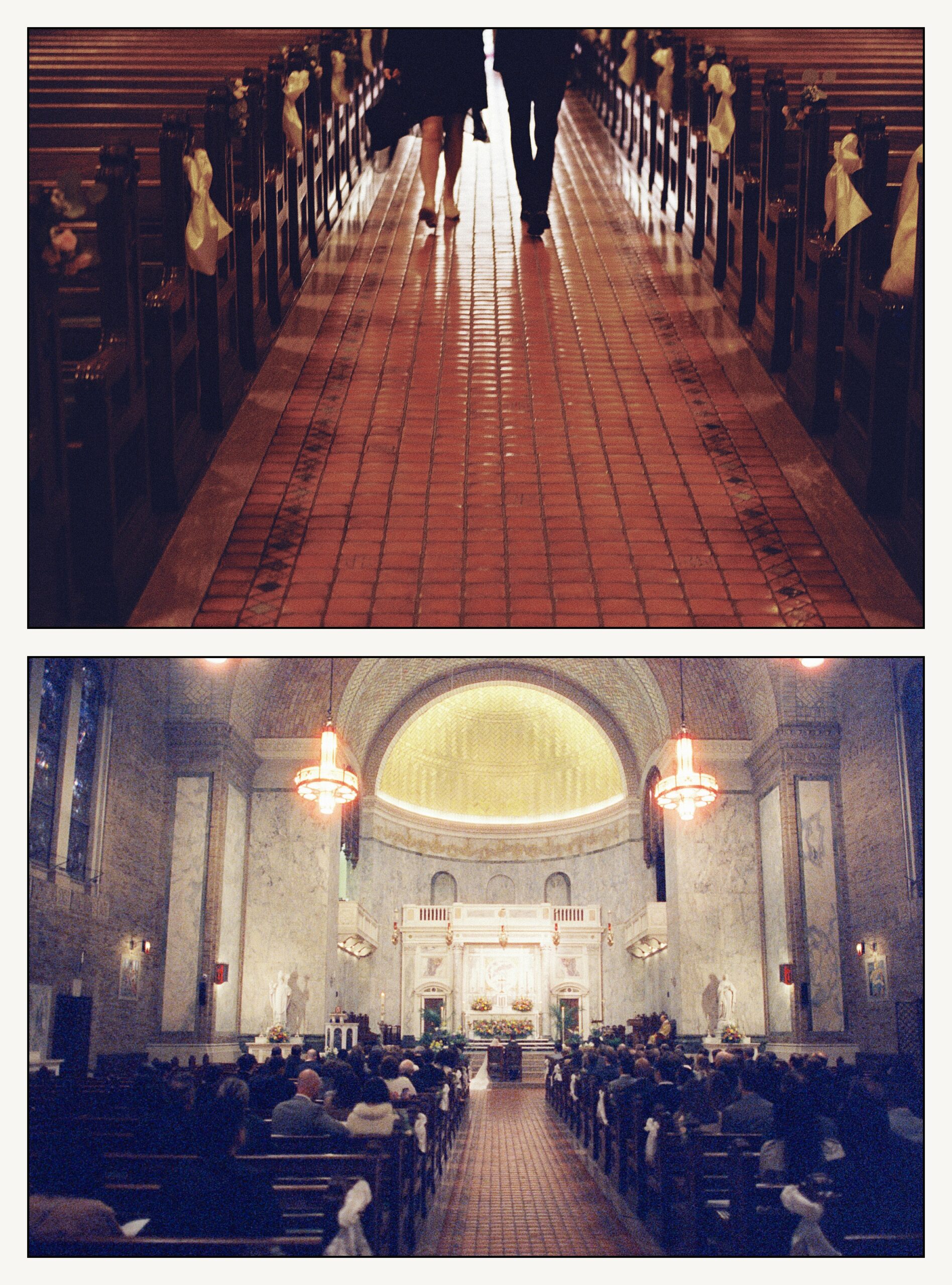 A bride and groom kneel at the altar of a Philadelphia church during their wedding ceremony.