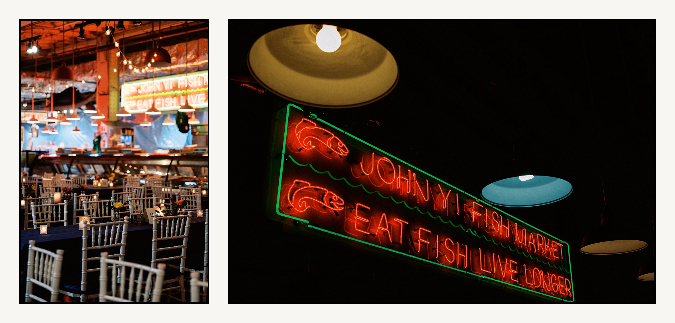 Neon signs light a wedding reception space inside Reading Terminal Market.