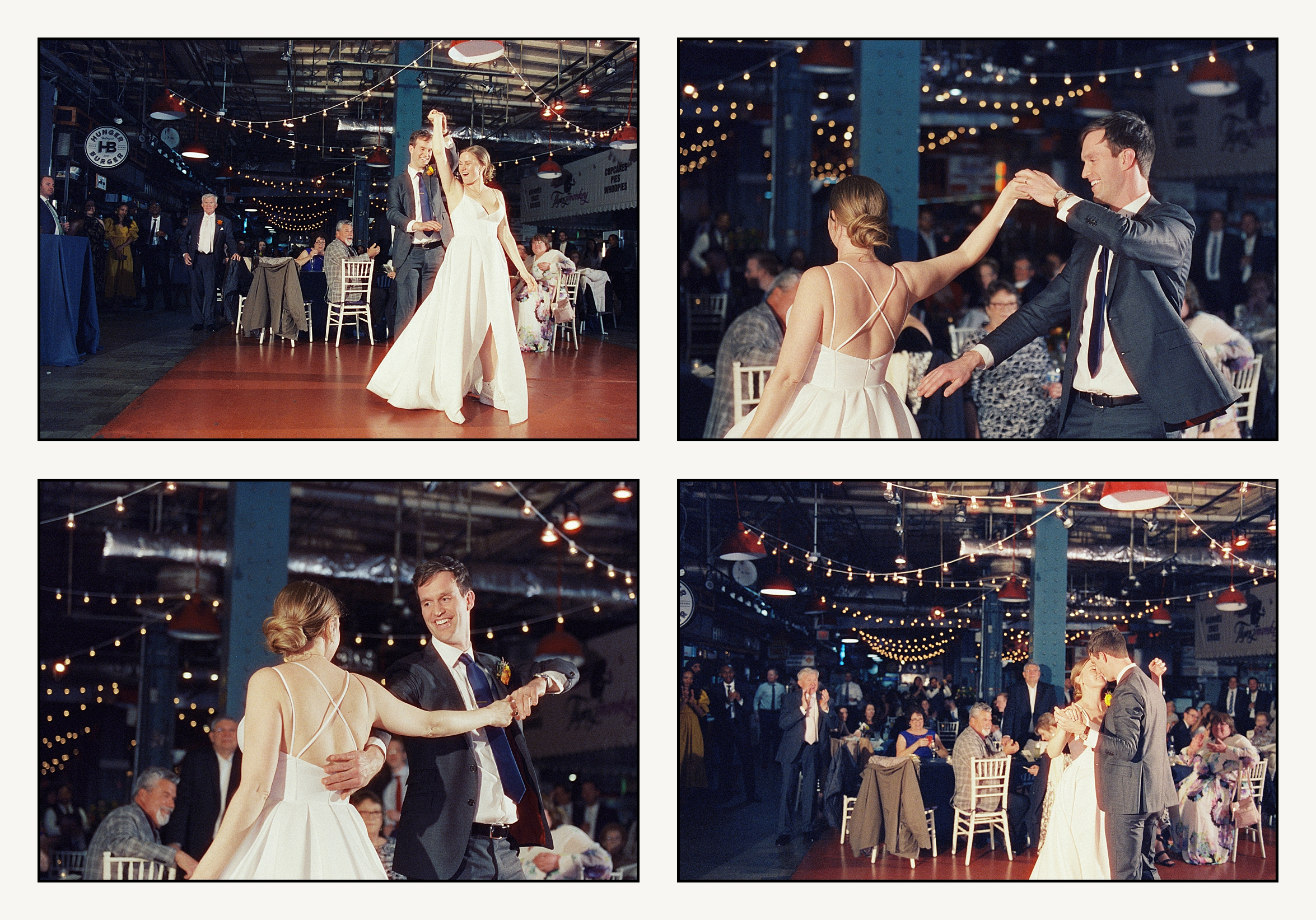 A bride and groom share their first dance at their Reading Terminal Market wedding.