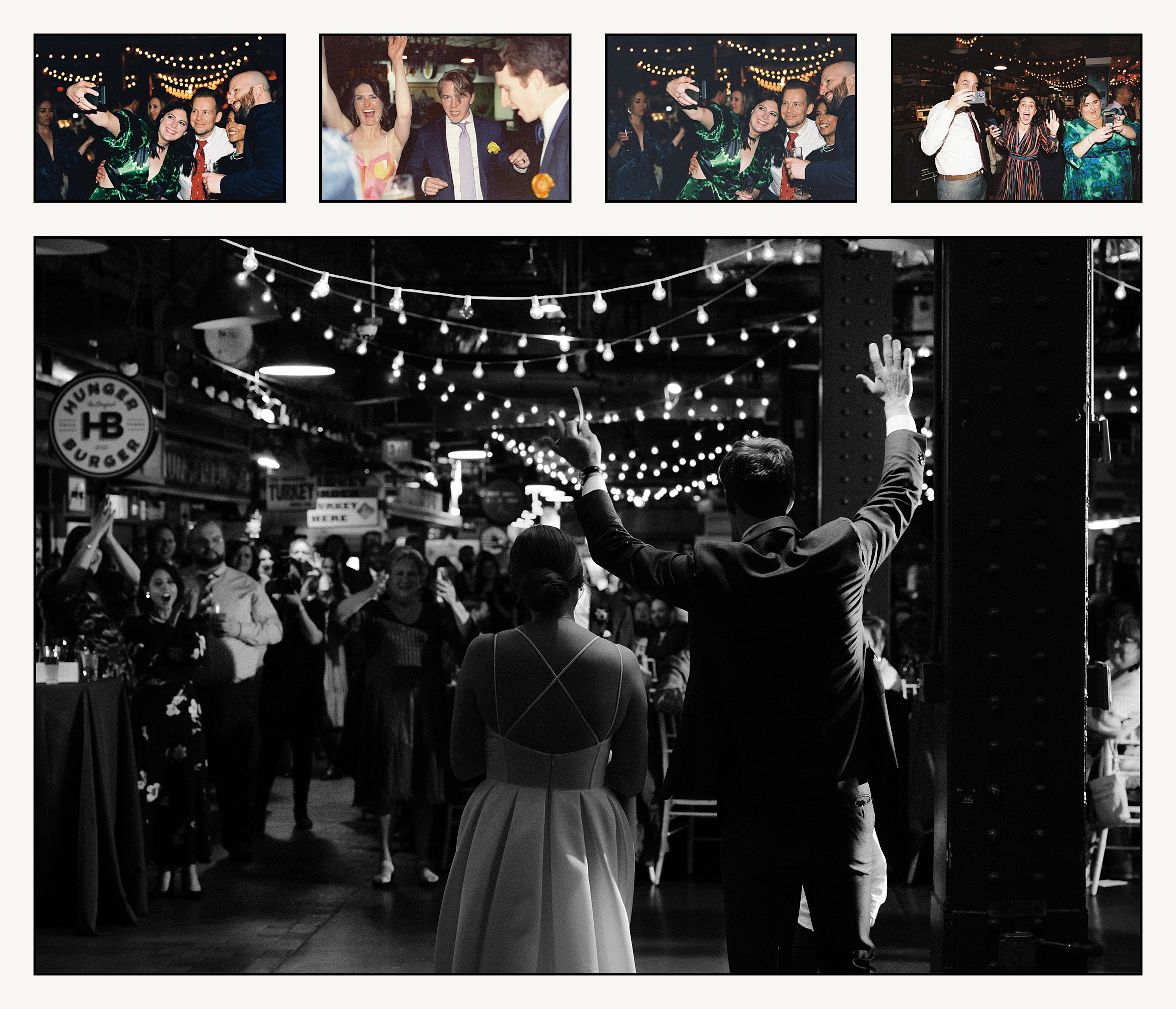 Wedding guests laugh and take a group selfie in a film wedding photo at Reading Terminal Market.