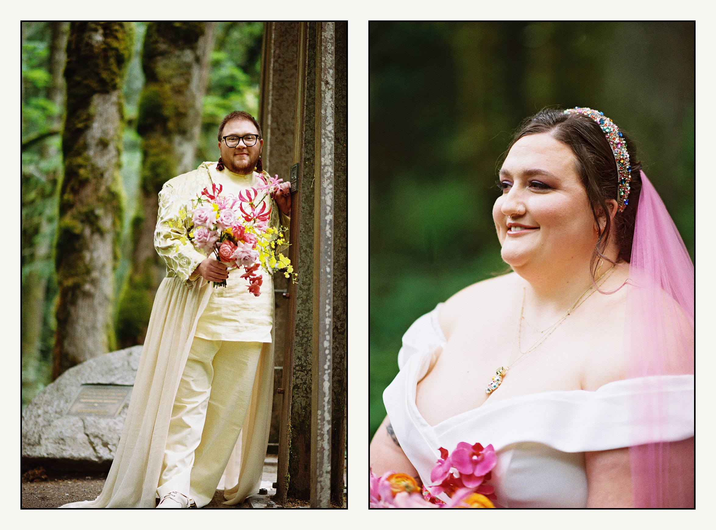 Two marriers pose for film wedding photos at IslandWood.