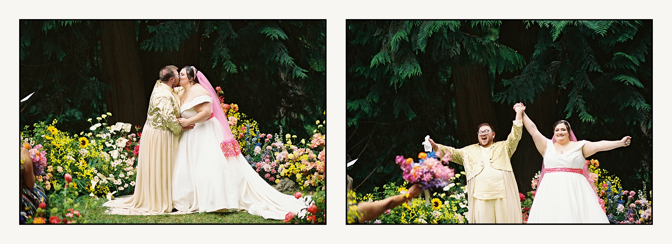 Two marriers kiss as guests cheer in a film wedding photo.