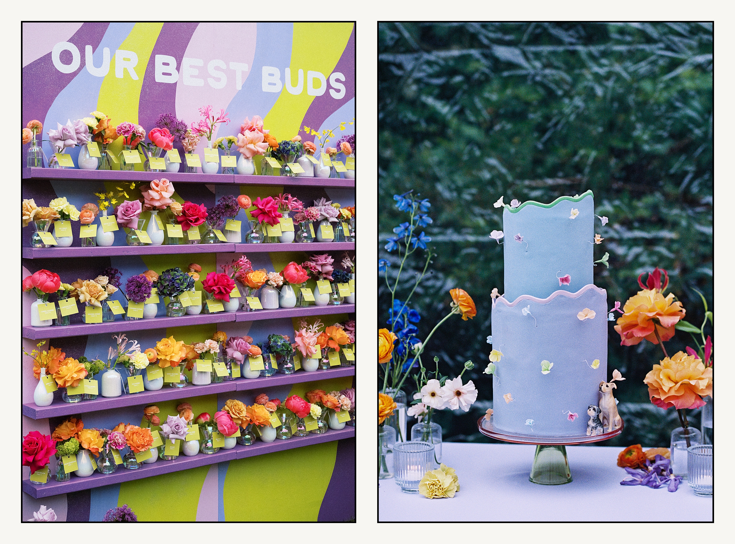 Vases of flowers hold place cards for seating at a wedding reception.