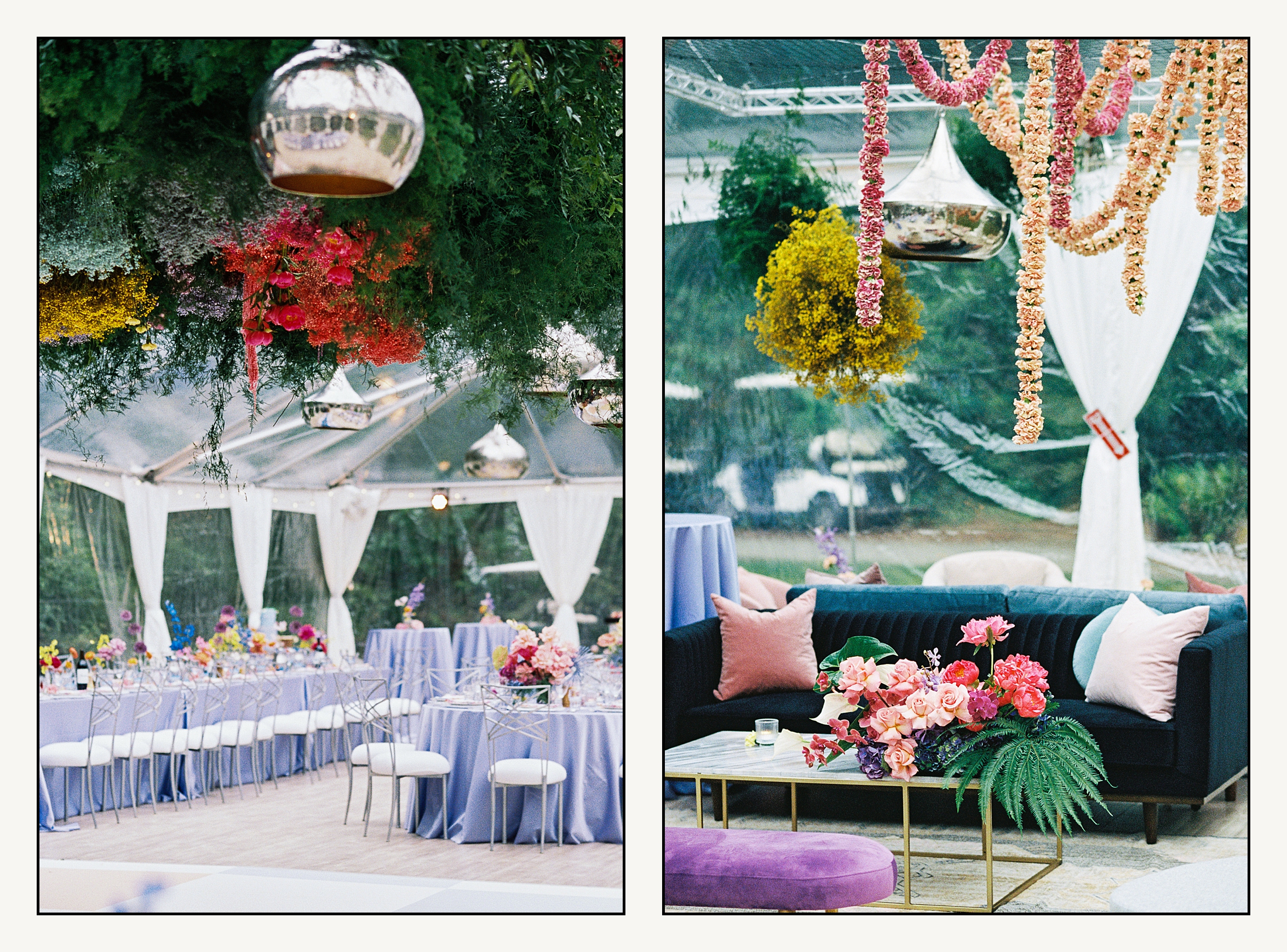 Garlands of flowers hang above a blue couch in a tent at IslandWood.