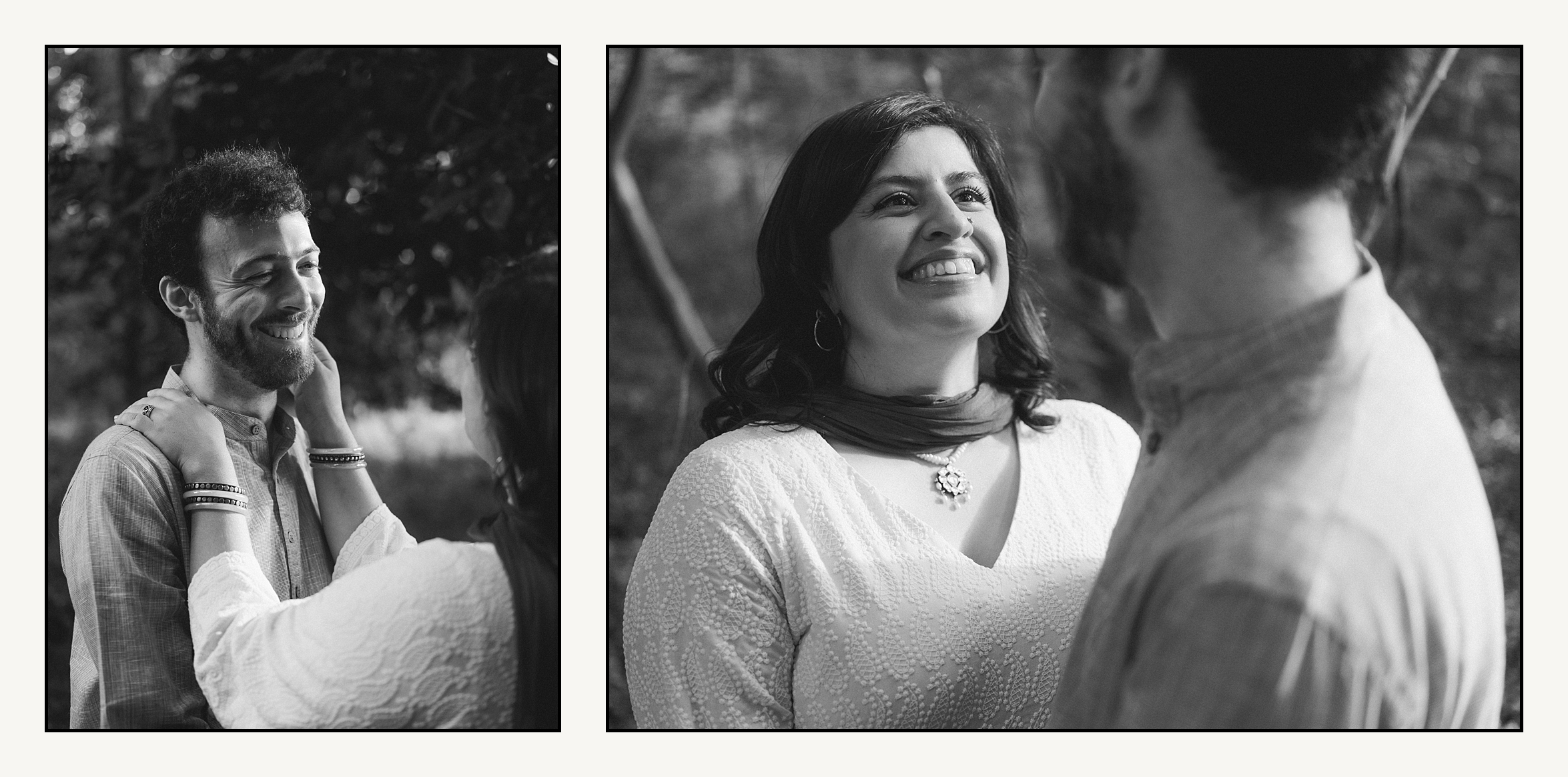 A woman smiles at her fiance as they stand in Wissahickon Park.
