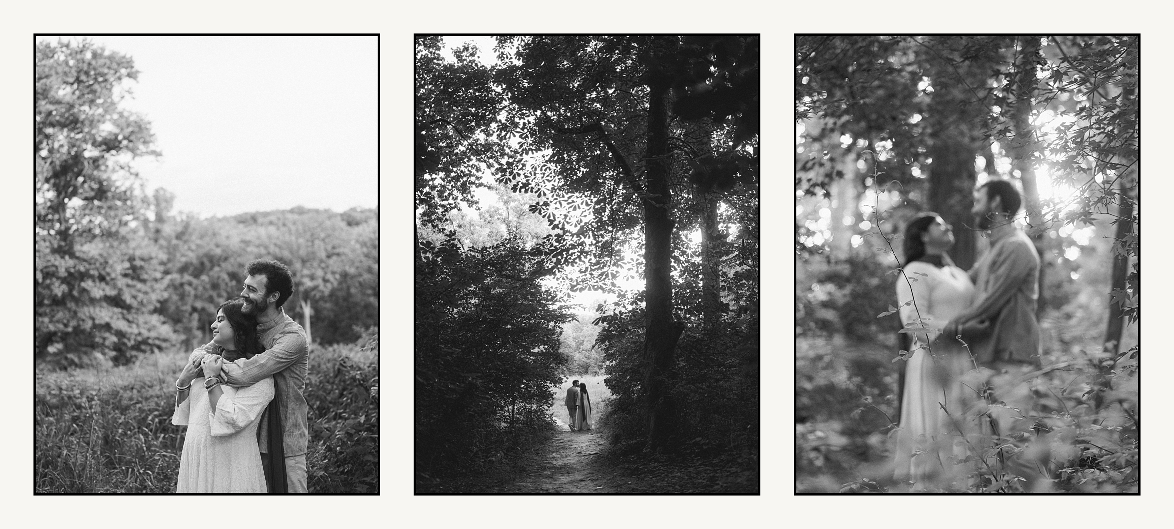 A couple walks down a wooded path in Wissahickon Park.