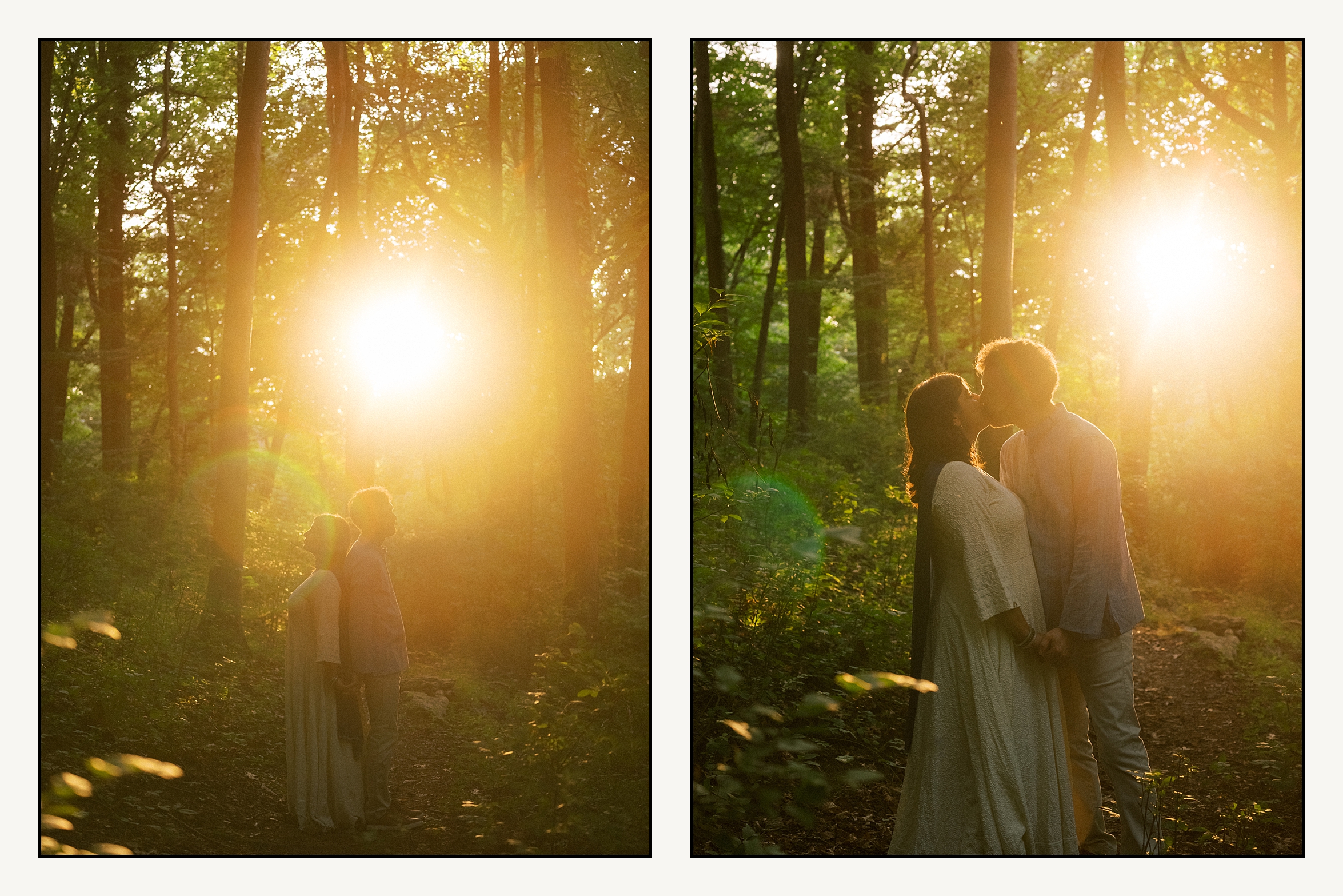 A man and woman kiss in the woods in Wissahickon Park engagement photos.