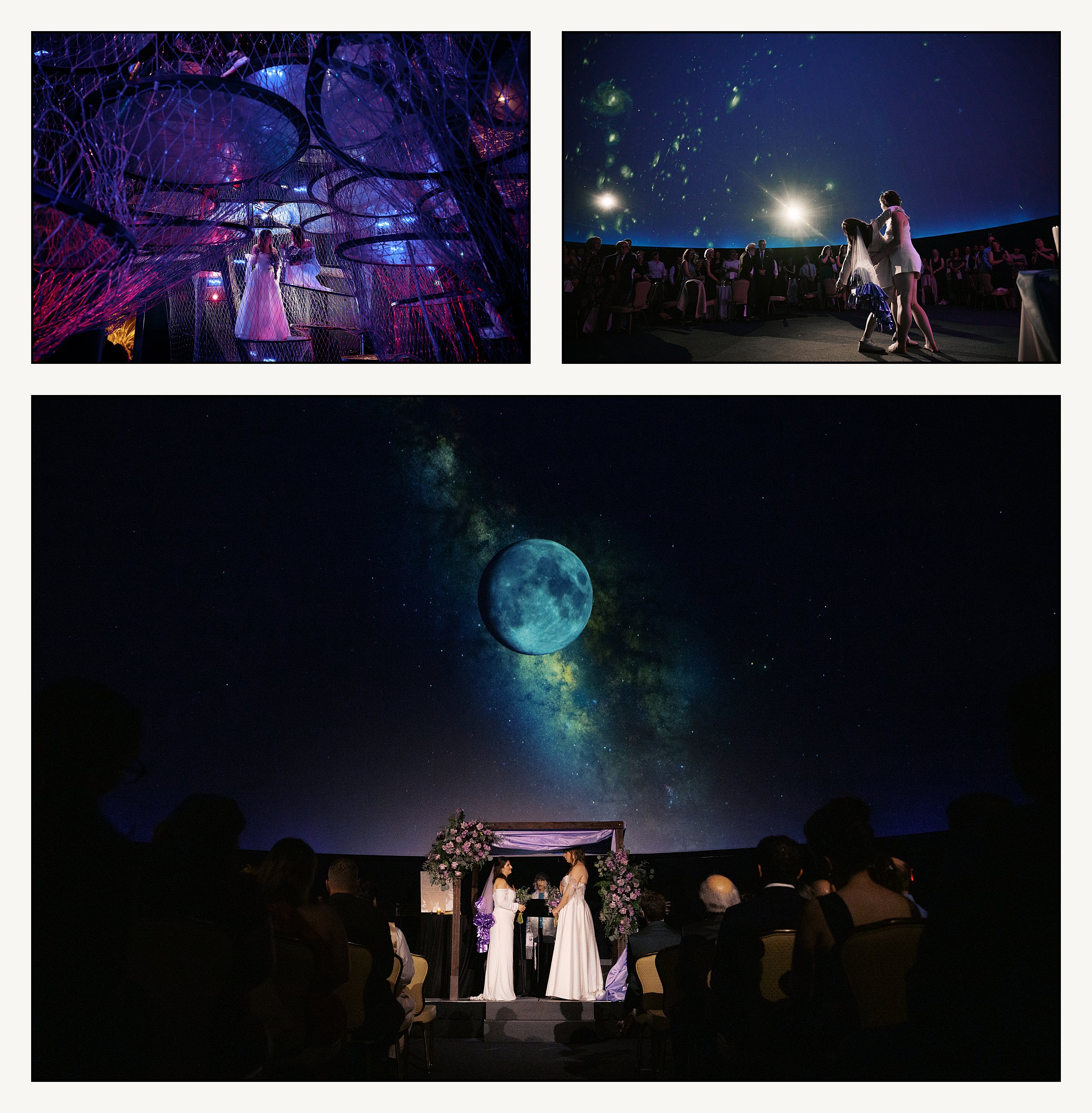 Two brides dance in a Planetarium at the Franklin Institute, a Philadelphia wedding venue.