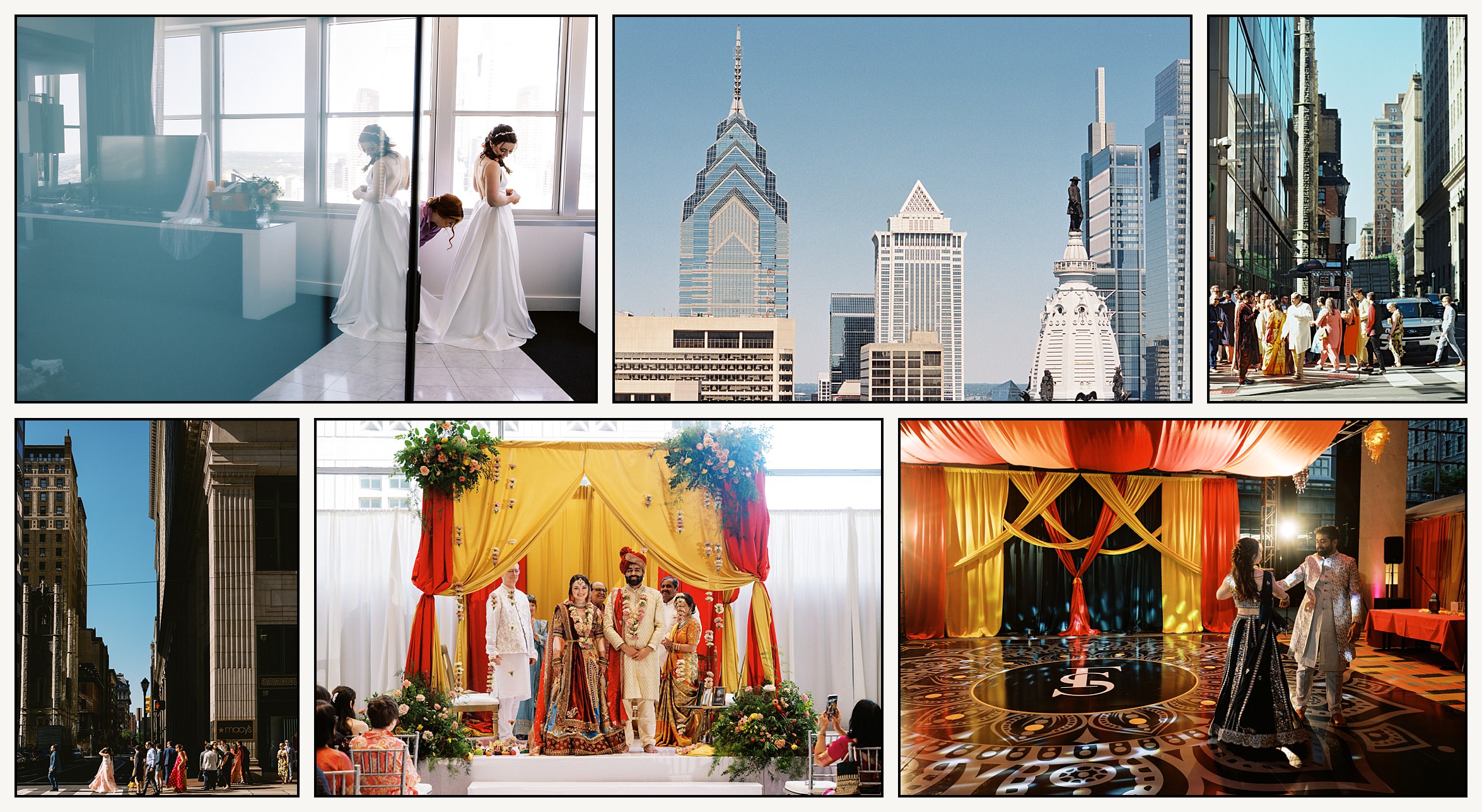 A bride and groom pose with family members on a platform at an Indian wedding at a Philadelphia wedding venue.
