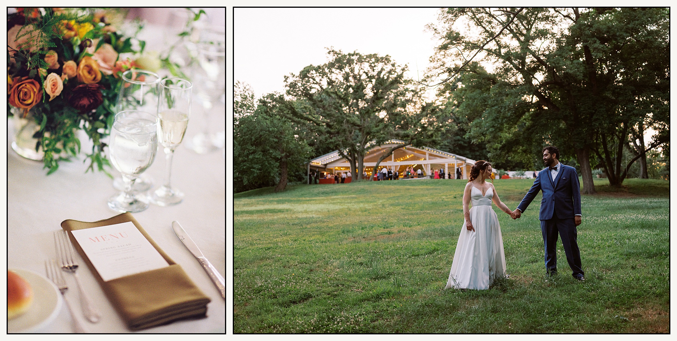 A bride and groom hold hands in a field outside a wedding tent at a Bartram's Garden wedding.