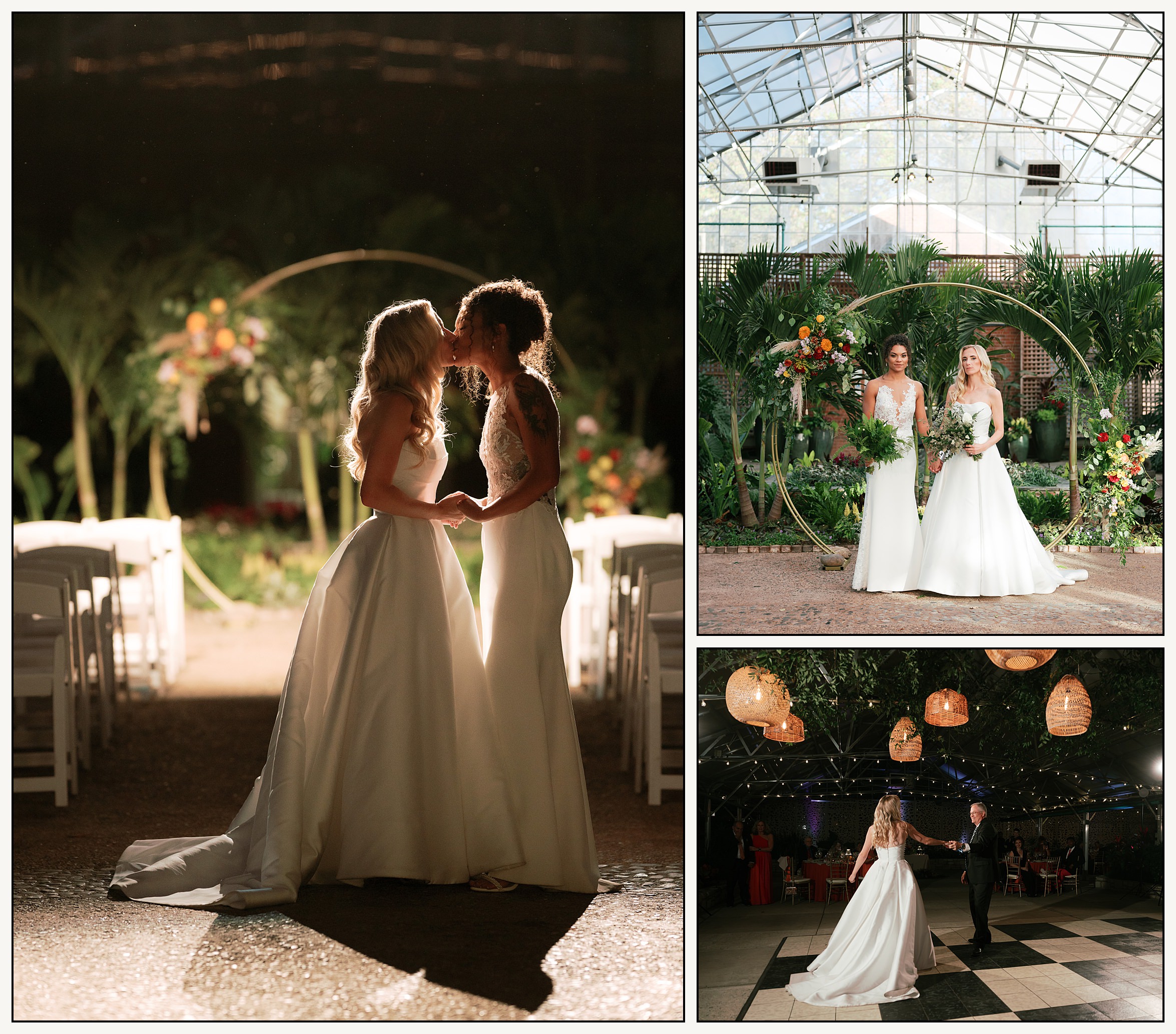 Two brides kiss in front of a floral wedding arch at a Philadelphia wedding venue.