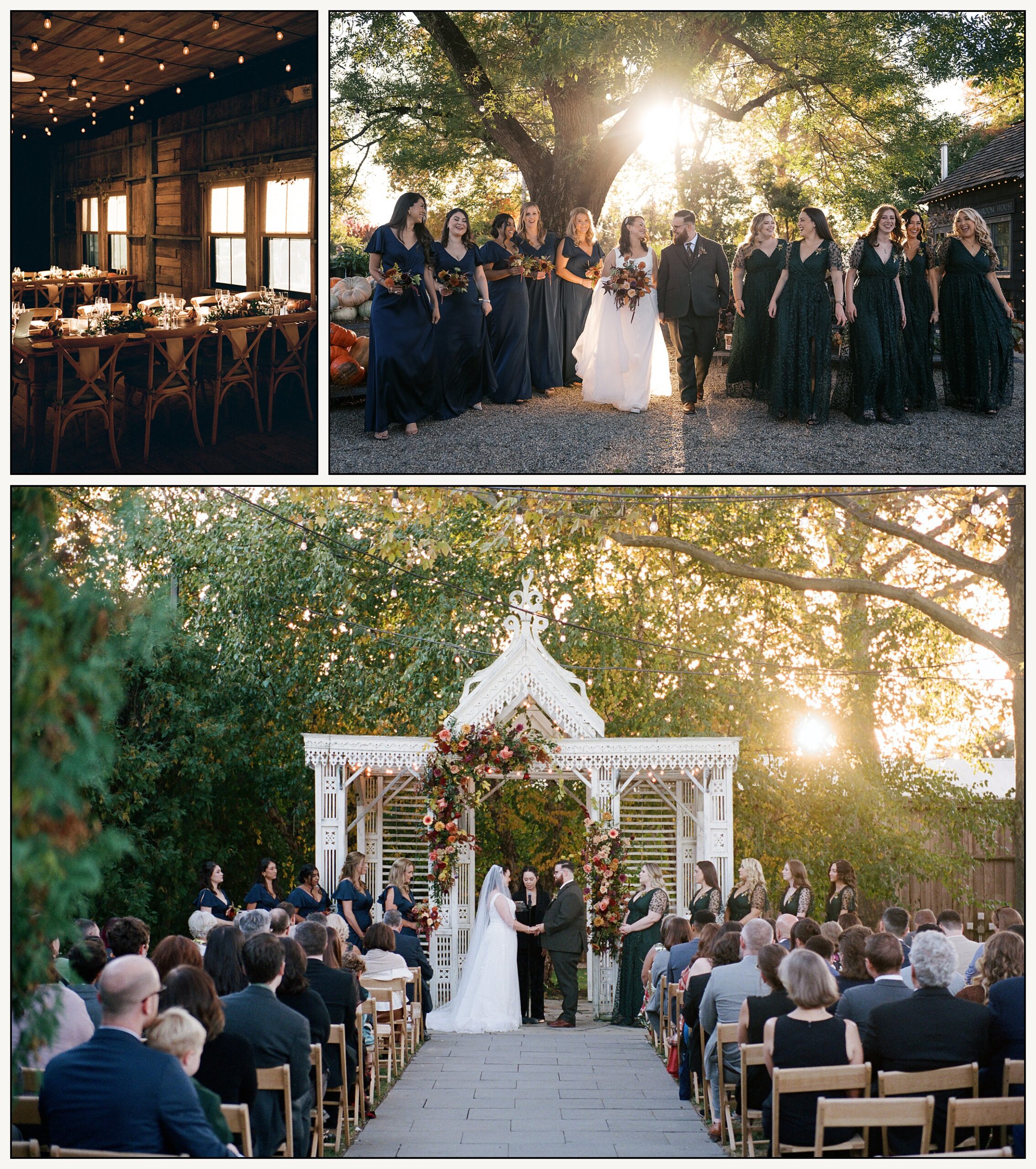 Two marriers hold hands during a wedding in front of a gazebo at Terrain, a Philadelphia wedding venue.
