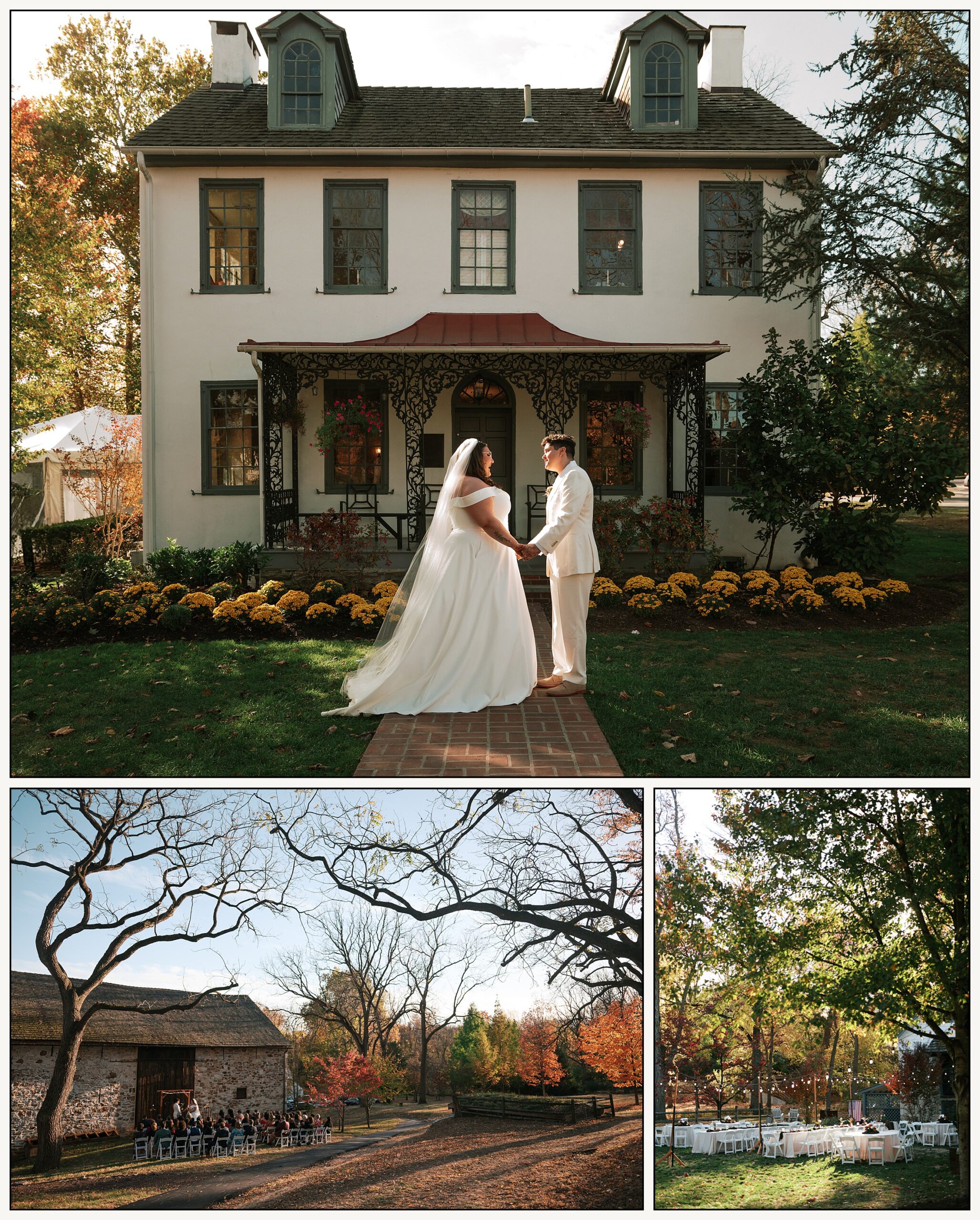 Two marriers hold hands in front of a historic house at a fall wedding at Duportail House.