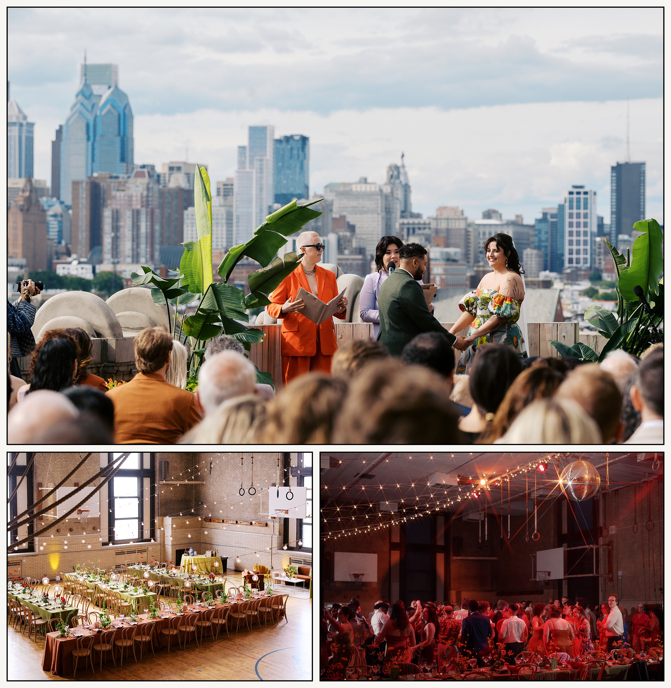 Long wedding reception tables sit in the gym of the BOK Building, a Philadelphia wedding venue with a rooftop.