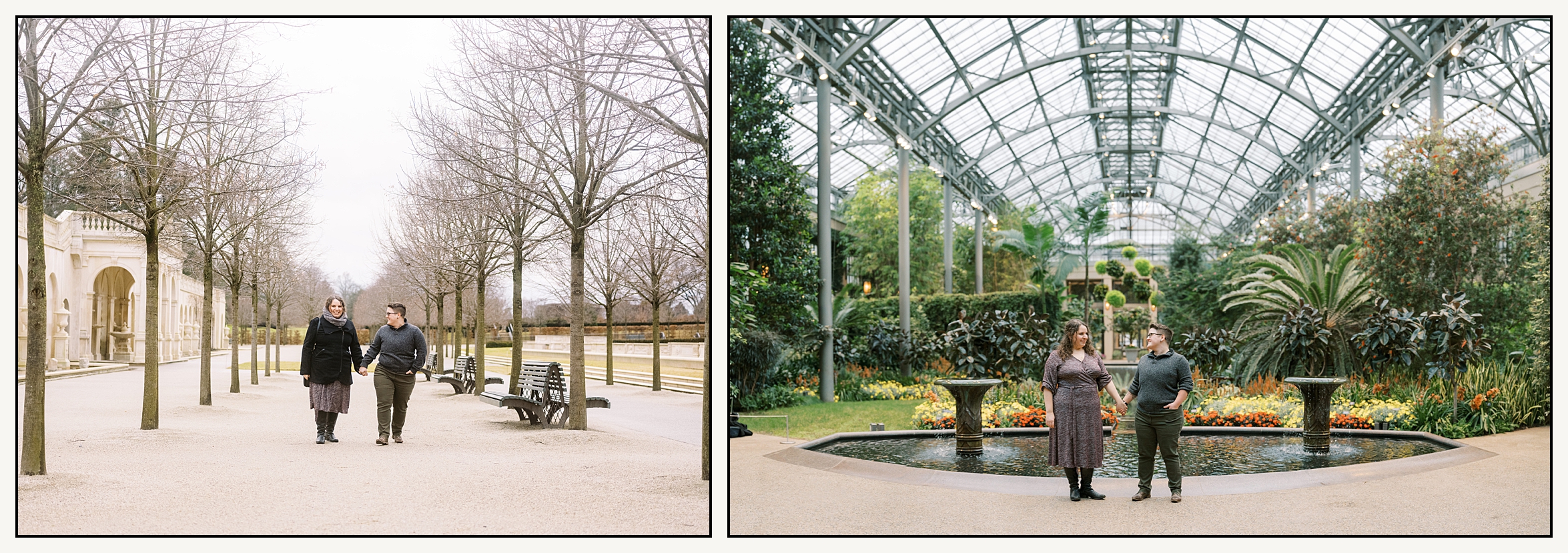 Two marriers hold hands in a greenhouse at Longwood Gardens while a Philadelphia wedding photographer takes their photos.