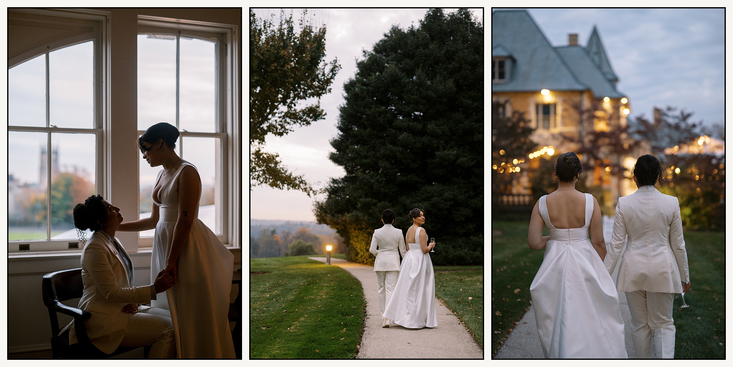 Two brides walk down a sidewalk holding hands outside Cairnwood Estate, a Philadelphia wedding venue.