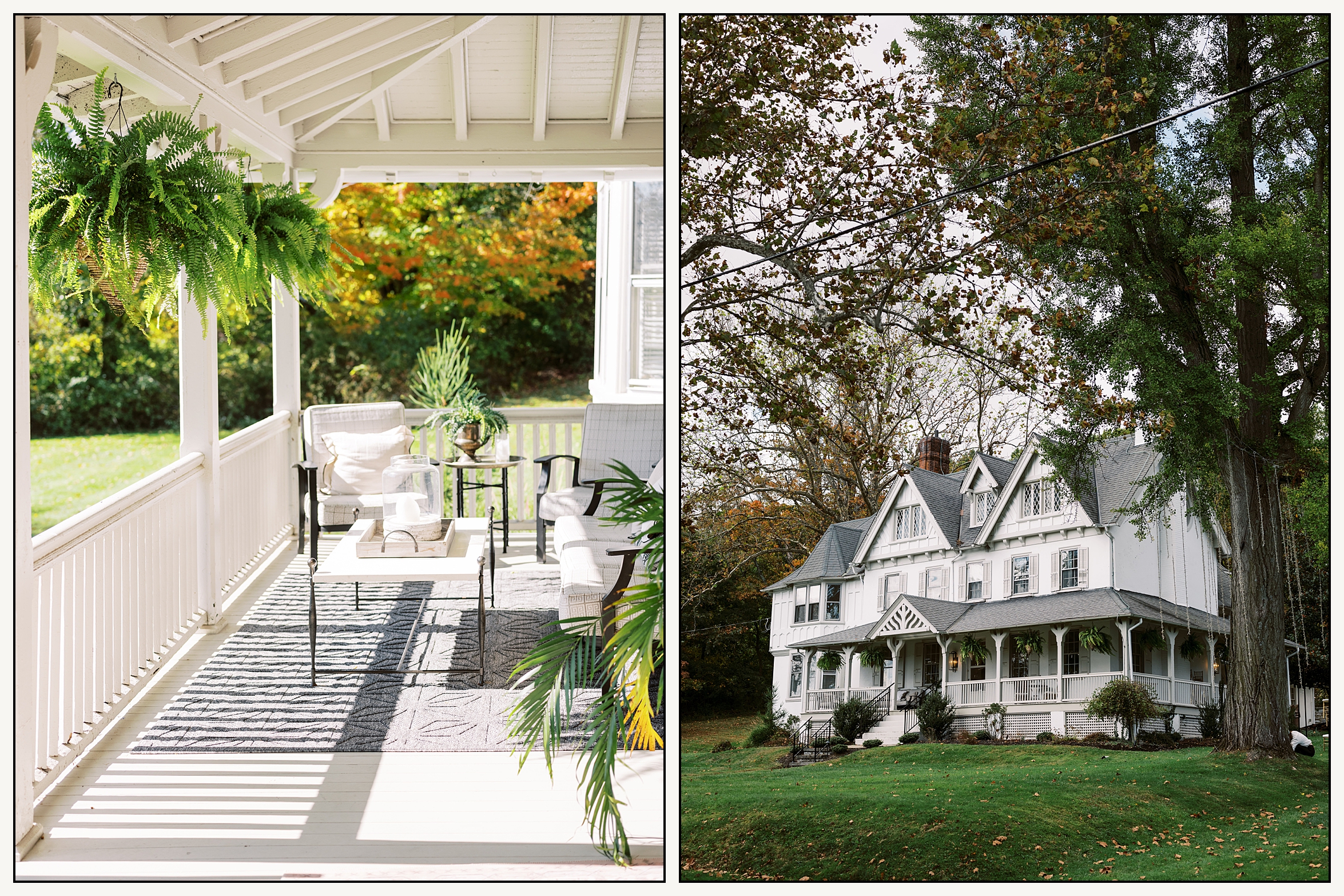 A bench and potted plants decorate the porch at Cross Gables Estate.