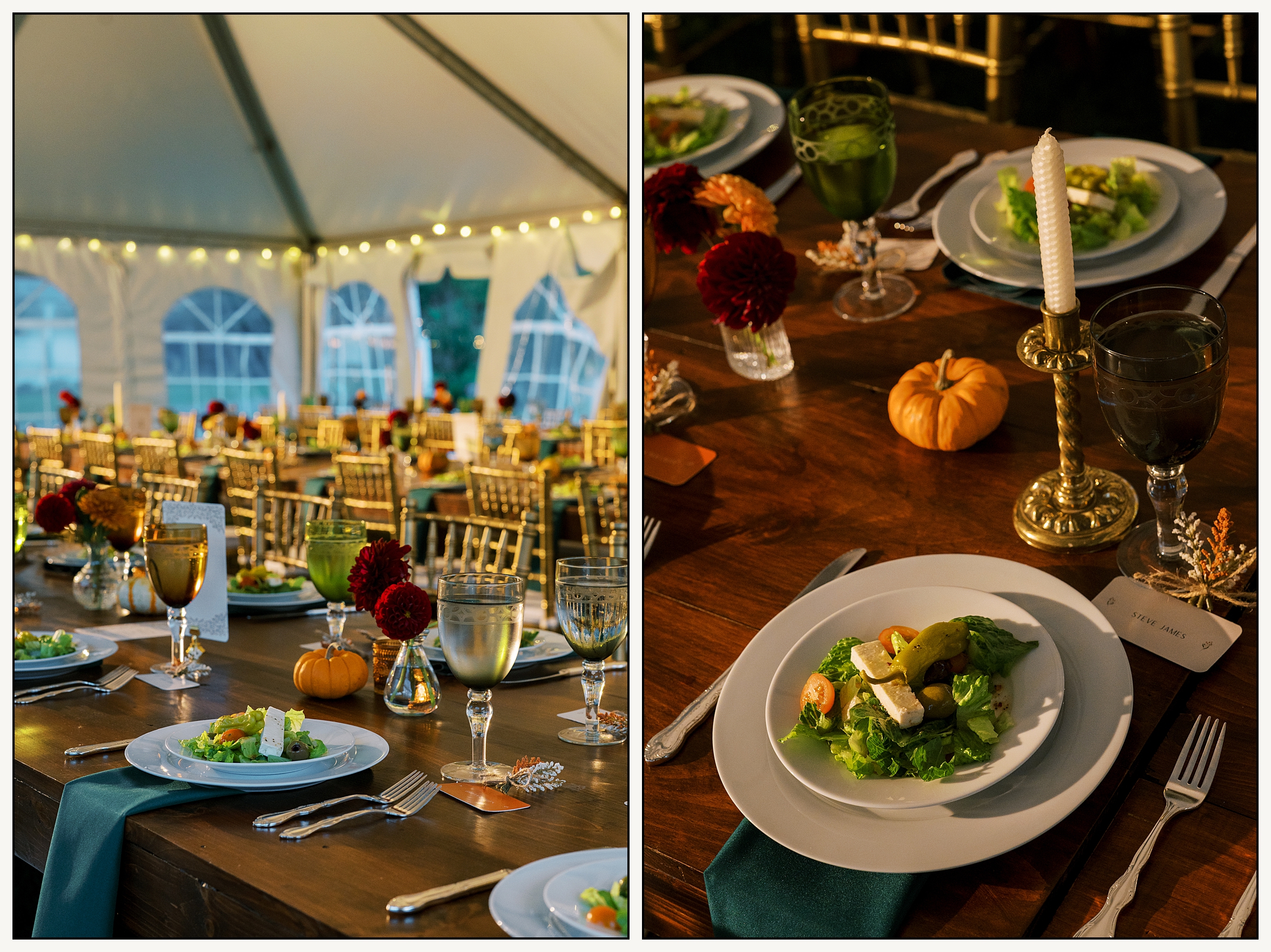 Tables are set for a wedding reception inside a tent.